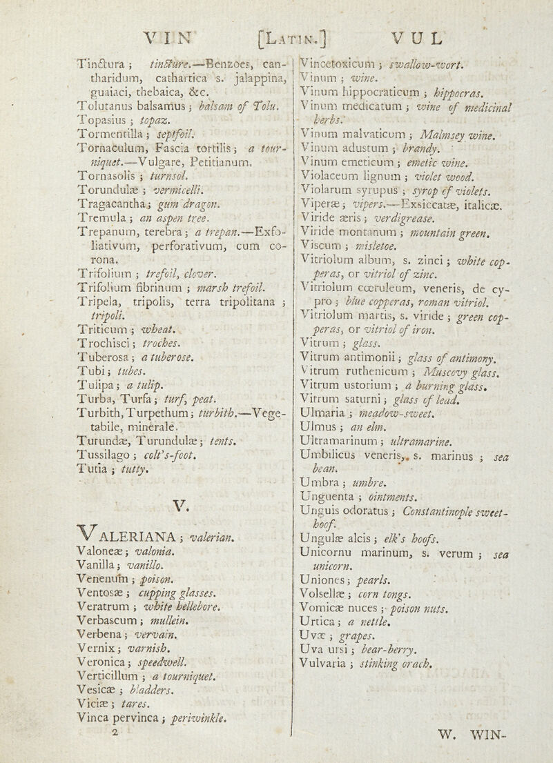 Tinftura ; can- | tharidiim, cathartica s. jalappina, guaiaci, thebaica, &c. Tolutanus balsamus 5 balsam of ^olu. Topasius 5 topaz. Tormenrilla; septfoil. Tornacuium, Fascia tortilis; a tour- niquet.—Vulgare, Petitianumc Tornasolls ; turnsoL Torundulre ; vermicelli. \ Tragacanthaj gum dragon. Tremula ; an aspen tree. Trepanum^ terebra; a trepan.— iiativum, perforativum, cum co- rona. Trifolium ; trefoil^ clover. Trifolium fibrinum ; marsh trefoil. Tripela, tripolis, terra tripolitana 3 iripoli. Triticum ; wheat, T rochisci; troches. T uberosa; a tuberose, Tubii tubes. Tulipa; a tulip, Turba, Turfaj turf peat. TurbithjTurpethumi turhith,— Vege- labile, minerale. Turunds, Turundulse; tents, Tussilago ; coif s~fcot, Tutiai tatty, V. VALERIANA; valerian, Valone^; valonia. Vanilla 3 vanillo. Venenum; poison, Ventosae i cupping glasses, Vcratrum j white hellebore, Verbascum; mullein, Verbena; vervain, Vernix; varnish, Veronica; speedwell. Verticillum ; a tourniquet, Vesicae ; bladders, Viciae; tares. Vinca per vinca ; periwinkle. Vincetoxicum 3 swallow-wort. Vinum ; wine. Vinum hippocraticum ; hippocras, Vinum medicatum ; wine of medicinal herbs. Vinum malvaticum ; Malmsey wine, Vinum adiistum ; brandy. ' Vinum emeticum ; emetic wine, Vioiaceum lignum ; violet wood. Vioiarum syrupus ; syrop cf violets. Viperai; vipers.—Exsiccatas, italics^. Viridebris; verdigrease. Viride rriontanum ; mountain green, Vi scum ; misletoe. Vitriolum album, s. zinci; white cop- per as ^ or vitriol of zinc. Vitriolum coeruleum*, veneris, de cy- pro ; blue copperas^ roman vitriol. Vitriolum martis, s. vinde ; green cop- per as y or vitriol of iron. Vitrum ; glass. Vitrum antimonii; glass of antimony, Vitrum r u the n i cu m ; Muscovy glass, Vitrum ustorium ; a burning glass, Vitrum saturni; glass cf lead, U1 maria ; meadow-sweet, Ulmus; an elm. Ultramarinum; ultramarine. Umbilicus veneris,., s. marinus ; sea bean. * ’ Umbra; umbre, Unguenta ; ointments. Unguis odoratus ; Constantinople sweet- hoof. Ungulte alcis ; elk's hoofs. Unicornu marinum, s. verum ; sea unicorn. Uniones; pearls, Volsellte; corn tongs. Vomicse nuces ;• poison nuts, Urtica; a nettle, Uvte ; grapes. Uva ursi; bear-berry. Vulvaria ; stinking orach. W. WIN-