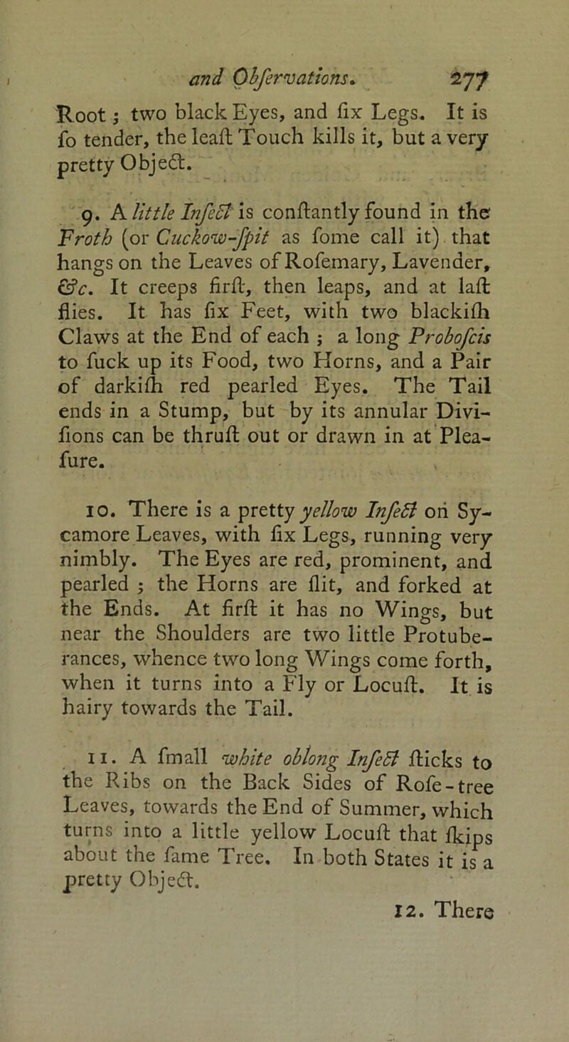 Root; two black Eyes, and fix Legs. It is fo tender, the lead; Touch kills it, but a very pretty Objedt. 9. A little Infect is constantly found in the Froth (or Cuckow-fpit as fome call it) that hangs on the Leaves of Rofemary, Lavender, &c. It creeps fir ft, then leaps, and at lafl flies. It has fix Feet, with two blackifh Claws at the End of each ; a long Probofcis to fuck up its Food, two Horns, and a Pair of darkifh red pearled Eyes. The Tail ends in a Stump, but by its annular Divi- fions can be thrufl out or drawn in at Plea- fure. 10. There is a pretty yellow Iiifedl on Sy- camore Leaves, with fix Legs, running very nimbly. The Eyes are red, prominent, and pearled ; the Horns are flit, and forked at the Ends. At firfl it has no Wings, but near the Shoulders are two little Protube- rances, whence two long Wings come forth, when it turns into a Fly or Locufl:. It is hairy towards the Tail. ii- A fmall white oblong Infedl flicks to the Ribs on the Back Sides of Rofe-tree Leaves, towards the End of Summer, which turns into a little yellow Locufl that fkips about the fame Tree. In both States it is a pretty Objedt. 12. There