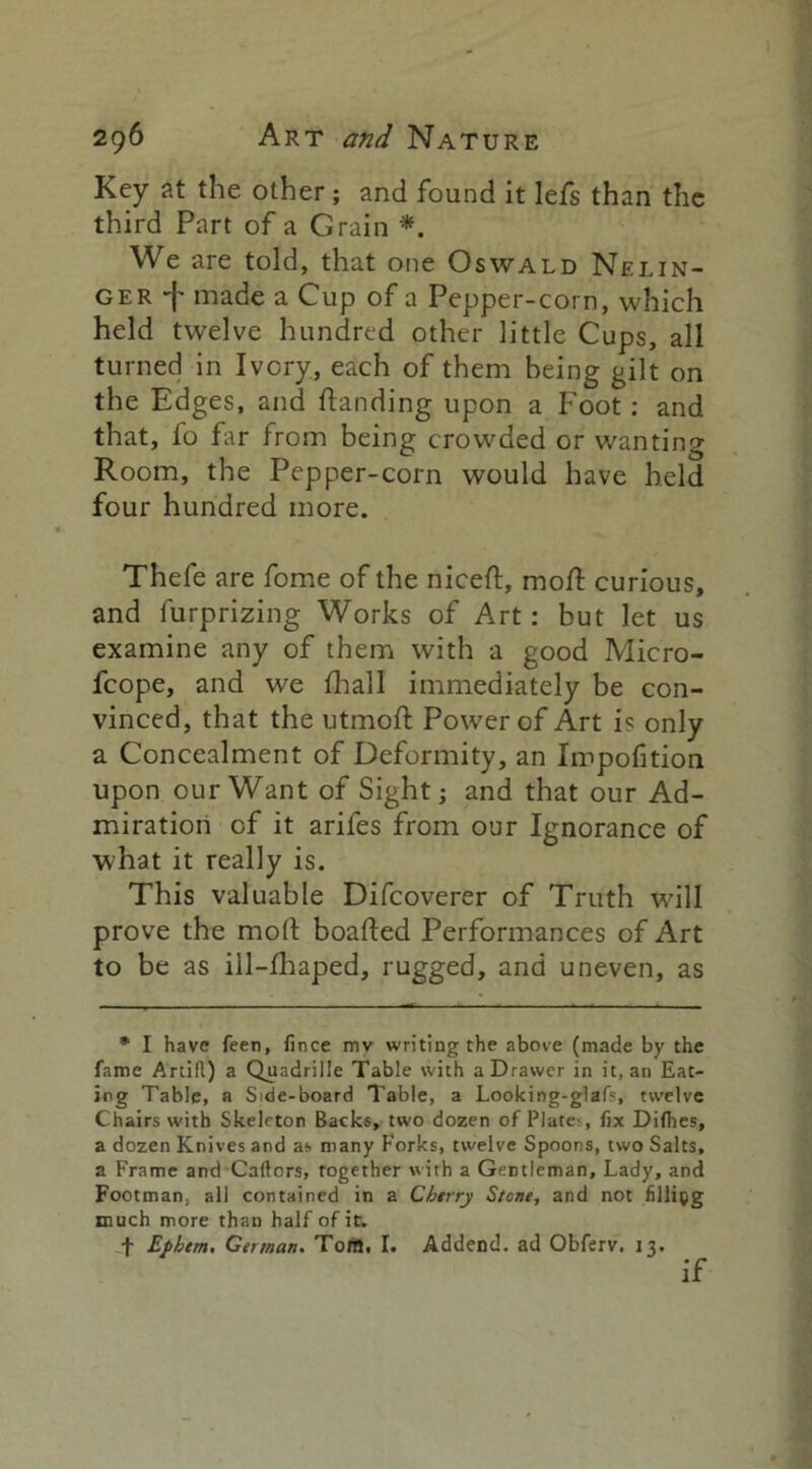 Key at the other; and found it lefs than the third Part of a Grain *. We are told, that one Oswald Nelin- ger •'j' made a Cup of a Pepper-corn, which held twelve hundred other little Cups, all turned in Ivory, each of them being gilt on the Edges, and danding upon a Foot : and that, fo far from being crowded or wanting Room, the Pepper-corn would have held four hundred more. Thefe are fome of the niced, mod: curious, and furprizing Works of Art: but let us examine any of them with a good Micro- fcope, and we fhall immediately be con- vinced, that the utmod Power of Art is only a Concealment of Deformity, an Impofition upon our Want of Sight; and that our Ad- miration of it arifes from our Ignorance of what it really is. This valuable Difcoverer of Truth will prove the mod boaded Performances of Art to be as ill-fhaped, rugged, and uneven, as * I have feen, fince mv writing the above (made by the fame Artill) a Quadrille Table with a Drawer in it, an Eat- ing Table, a Side-board Table, a Looking-glafs, twelve Chairs with Skeleton Backs, two dozen of Plates, fix Difhes, a dozen Knives and as many Forks, twelve Spoons, two Salts, a Frame and Carters, together with a Gentleman, Lady, and Footman, all contained in a Cbtrry Stone, and not fillipg much more than half of it. f Epbem, German. Tort. I. Addend, ad Obferv. 13. if