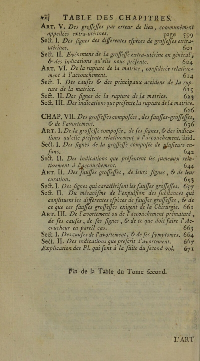 v«î TABLE DES CHAPITRES. Art. V. Des groffeffes par erreur de lieu, communément appellées extra-utérines. page 599 Seft. I. Des figues des différentes efptces de grojjeffes extra* utérines. 601 Seft. IÎ. Evénemens de la groffeffe extra-utérine en général, 6* des indications quelle nous préfiente. 604 Art. VI. De la rupture de la matrice , confidérét relative- ment à l’accouchement. 614 Seft. I. Des caufies & des principaux accidens de .la rup- ture de la matrice. 615 Seft. II. Des figues de la rupture de la matrice. 623 Seft. III. Des indications que préfiente la rupture delà matrice. 626 CHAP. VII. Des groffeffes compojées , des fauffes-groffeffest & de l'avortement. 63 6 ART, I. De la groffeffe compofiée, de fies figues, & des indica- tions quelle préfente relativement à l'accouchement, ibid. Seft. I. Des (ignés de la groffeffe compofiée de gjufieurs en- fans. 642 Seft. II. Des indications que préfientent les jumeaux rela- tivement à Iffccouchement. 644 Art. II. Des fiauffes groffeffes , de leurs figues , & de leur curation. 65 3 Seft. I. Des fignes qui carallérifent les fauffes groffeffes. 6 57 Seft. II. Du mécanifmc de l’expulfion des fubjlances qui confiituent les differentes cfpeces de fauffes groffeffes , & de ce que ces fauffes groffeffes exigent de la Chirurgie. 661 Art. III. De Pavortement ou de l'accouchement prématuré , de fies caufies , de (es fignes , & de ce que doit faire l'Ac- coucheur en pareil cas. 663 Seft. I. Des caufies de l’avortement, & de fies fymptomes. 664 Seft. II. Des indications que preferit l’avortement. 667 Explication des PI. qui font à la fuite du fécond vol. 6jl Fin de la Table du Tome fécond.