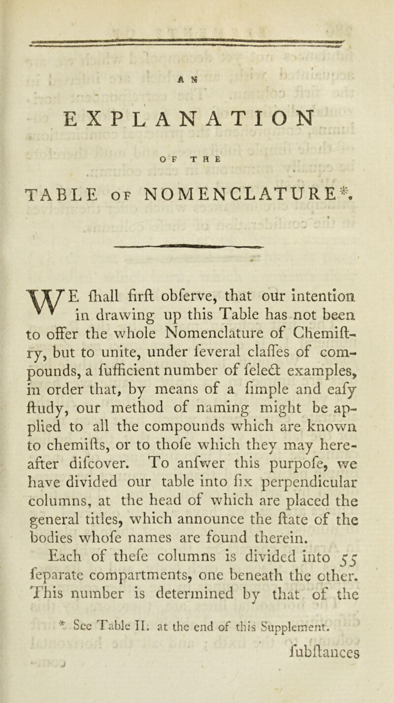 EXPLANATION OF THE TABLE OF NOMENCLATURE^^. E fhall firft obferve, that our Intention In drawing up this Table has not been to offer the whole Nomenclature of Chemift- ry, but to unite, under feveral claiTes of com- pounds, a fufficient number of feledt examples, in order that, by means of a fimple and eafy ftudy, our method of naming might be ap- plied to all the compounds which are known to chemifts, or to thofe which they may here- after difcover. To anfwer this purpofe, we have divided our table into fix perpendicular columns, at the head of which are placed the general titles, which announce the ftate of the bodies whofe names are found therein. Each of thefe columns is divided into 55 feparate compartments, one beneath the ether. This number is determined by that of the * See Table II. at the end of this Supplement. fubftances