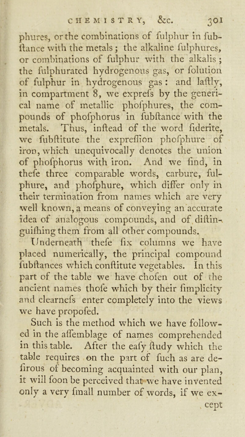 phures, or the combinations of fiilphiir in fub- ifance with the metals ; the alkaline fulphures, or combinations of fulphur with the alkalis ; the fulphurated hydrogenous gas, or folution of fulphur in hydrogenous gas : and laftly, in compartment 8, we exprefs by the generi- cal name of metallic phofphures, the com- pounds of phofphorus in fubftance with the metals. Thus, inftead of the w^ord fiderite, we fubftitute the expreflion phofphure of iron, which unequivocally denotes the union, of phofphorus with iron. And we find, in thefe three comparable w^ords, carbure, ful- phure, and phofphure, which differ only in their termination from names which are very well known, a means of conveying an’accurate idea of analogous compounds, and of,diftin-v guilhing them from all other compounds. Underneath thefe fix columns we have placed numerically, the principal compound fubfiances which conftitute vegetables. In this part of the table we have chofen out of the ancient names thofe w^hich by their fimplicity and clearnefs enter completely into the views we have propofed. Such is the method w^hich we have follow- ed in the affemblage of names comprehended in this table. After the eafy ftudy which the table requires on the part of fuch as are de- firous of becoming acquainted with our plan, it will foon be perceived that we have invented only a very fmall number of words, if we ex-