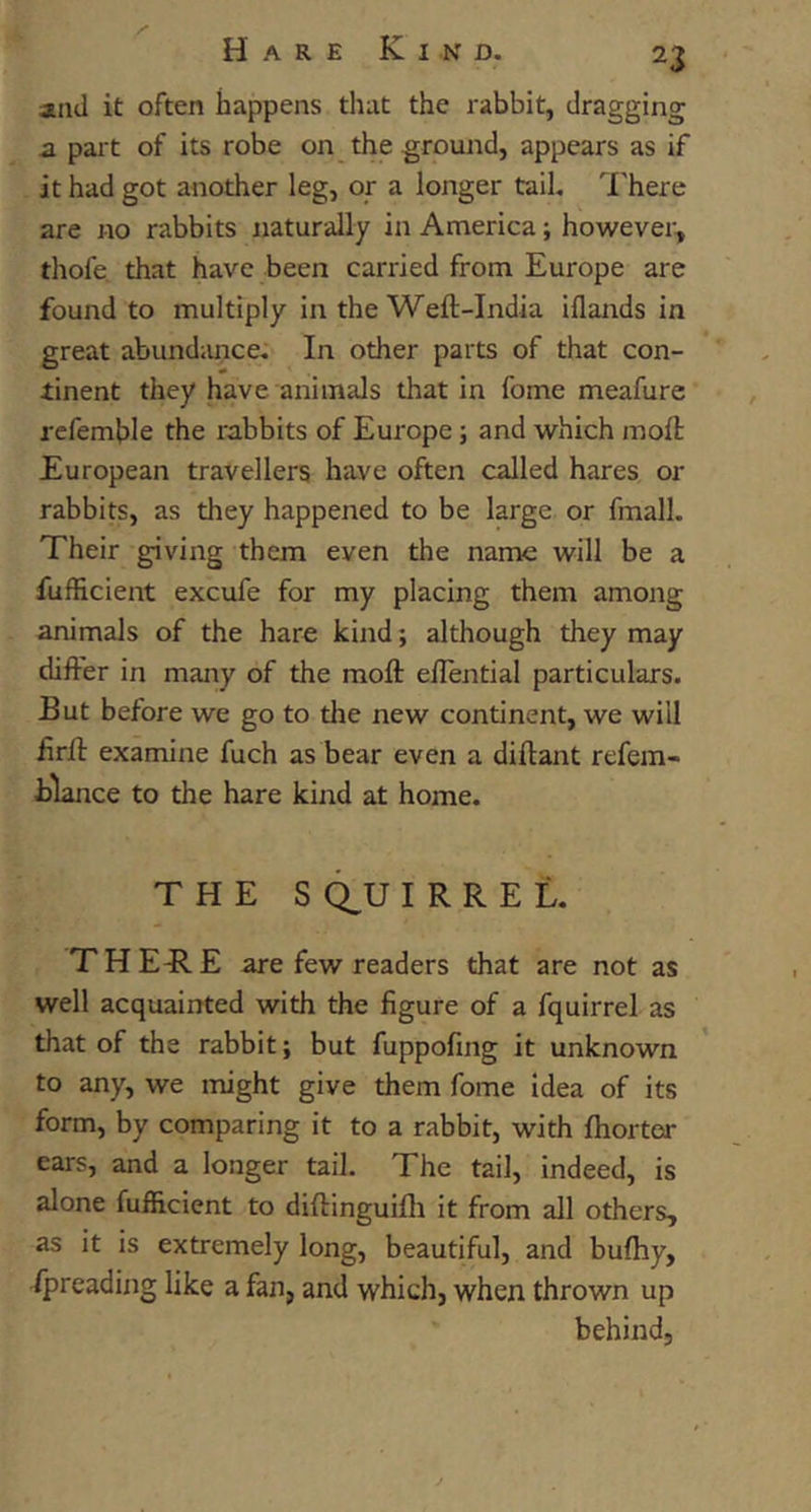 and it often happens that the rabbit, dragging a pai t of its robe on the ground, appears as if it had got another leg, or a longer tail. There are no rabbits naturally in America; however, thofe. that have been carried from Europe are found to multiply in the Weft-India iflairds in great abundance. In other parts of that con- tinent they have animals that in fome meafure refemble the rabbits of Europe; and which moil European travellers have often called hares or rabbits, as they happened to be large or fmall. Their giving them even the name will be a fufficient excufe for my placing them among animals of the hare kind; although they may differ in many of the moft eflential particulars. But before we go to the new continent, we will iirfl: examine fuch as bear even a diftant refem- blance to the hare kind at home. THE S Q^U I R R E L. THEKE are few readers that are not as well acquainted with the figure of a fquirrel as that of the rabbit; but fuppofing it unknown to any, we might give them fome idea of its form, by comparing it to a rabbit, with fhortoi ears, and a longer tail. The tail, indeed, is alone fufficient to diftinguifli it from all others, as it is extremely long, beautiful, and bufhy, fpreading like a fan, and which, when thrown up behind.