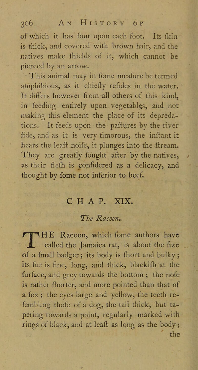 of which it has four upon each foot. Its fkin is thick, and covered with brown hair, and the natives make fhields of it, which cannot be pierced by an arrow. This animal may in fome mcafurebe termed amphibious, as it chiefly refides in the water. It differs however from all others of this kind, in feeding entirely upon vegetables, and not making this element the place of its depreda- tions. It feeds upon the paftures by the river fide, and as it is very timorous, the inftant it hears the leaft noife, it plunges into the ftream. They are greatly fought after by the natives, / as their fieflh is confidered as a delicacy, and thought by fome not inferior to beef. CHAP. XIX. The Racoon. HE Racoon, which fome authors have A called the Jamaica rat, is about the fizc of a fmall badger; its body is fhort and bulky; its fur is fine, long, and thick, blackifh at the furface, and grey towards the bottom j the nofe is rather fhorter, and more pointed than that of a fox; the eyes large and yellow, the teeth re- fembling thofe of a dog, the tail thick, but ta- pering towards a point, regularly marked with rings of black, and at leaft as long as the body; the