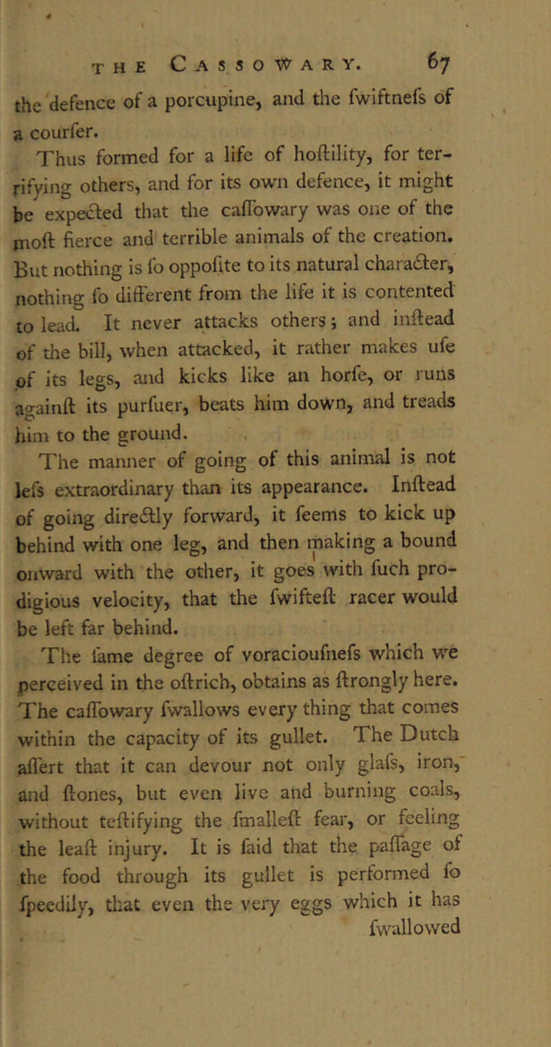 the defence of a porcupine, and the fwiftnefs of a courfer. Thus formed for a life of hoftility, for ter- rifying others, and for its own defence, it might be' expected that the caffowary was one of the moft fierce and terrible animals of the creation. But nothing is lb oppofite to its natural chara&er, nothing fo different from the life it is contented to lead. It never attacks others; and inftead of the bill, when attacked, it rather makes ufe of its legs, and kicks like an horfe, or runs againft its purfuer, beats him down, and treads him to the ground. The manner of going of this animal is not lefs extraordinary than its appearance. Inftead of going direiftly forward, it feems to kick up behind with one leg, and then making a bound onward with the other, it goes with fuch pro- digious velocity, that the fwifteft racer would be left far behind. The lame degree of voracioufnefs which we perceived in the oftrich, obtains as ftrongly here. The caffowary fwallows everything that comes within the capacity of its gullet. The Dutch affert that it can devour not only glafs, iron,' and ftones, but even live and burning coals, without teftifying the fmalleft fear, or feeling the leaft injury. It is faid that the paftage of the food through its gullet is performed fo fpeedily, that even the very eggs which it has fwallowed