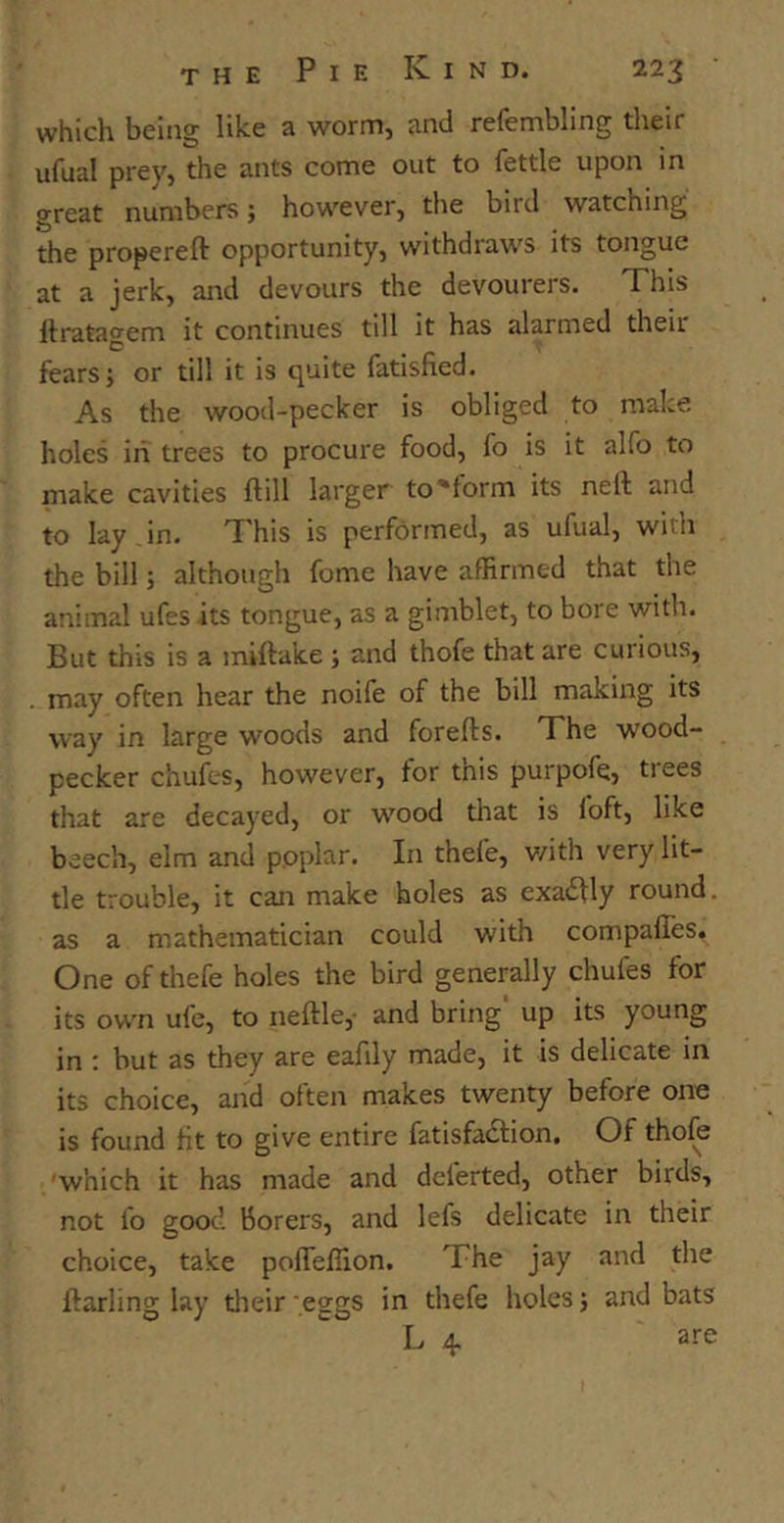 which being like a worm, and refembiing their ufual prey, the ants come out to fettle upon in great numbers; however, the bitd watching the propereft opportunity, withdraws its tongue at a jerk, and devours the devourers. This ifratagem it continues till it has alarmed their fears; or till it is quite fatisfied. As the wood-pecker is obliged to make holes in trees to procure food, fo is it alfo to make cavities ftill larger to ‘form its nefl and to lay in. This is performed, as ufual, with the bill; although fome have affirmed that the animal ufes its tongue, as a gimblet, to bore with. But this is a miftake; and thofe that are curious, may often hear the noife of the bill making its way in large woods and forefts. The wTood- pecker chufes, however, tor tnis purpofe, tiees that are decayed, or wood that is loft, like beech, elm and poplar. In thefe, with very lit- tle trouble, it can make holes as exactly round, as a mathematician could with compaffes. One of thefe holes the bird generally chufes for its own ufe, to neftle,- and bring up its young in : but as they are eafily made, it is delicate in its choice, and often makes twenty before one is found fit to give entire fatisfadfion, Of thofe which it has made and delerted, other birds, not fo good borers, and lefs delicate in their choice, take pofleffion. The jay and the ifarling lay their '.eggs in thefe holes; and bats L 4 are