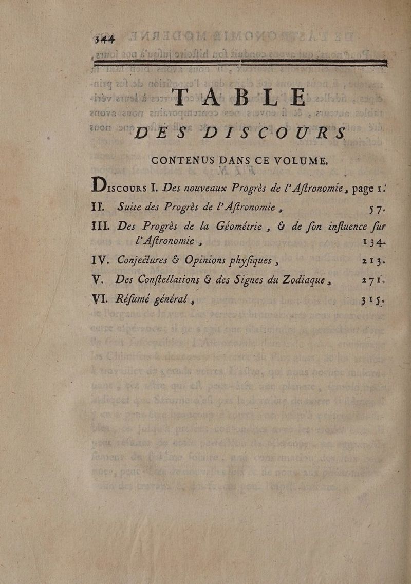 ABLE. °DES DISCOURS CONTENUS HUE LS VOLUME, Di: I. Des nouveaux dur de À Afronon es , page x: IT. Suite des Progrès de l’Aftronomie , S 7. IIL Des Progrès de la Géomérrie , &amp; de fon influence [ur lAftronomie , LA IV. Conjectures &amp; Opinions phyfiques , rs | V. Des Conftellaions G des Signes du Zodiaque, 271 VI. Réfume général , ; MPRERST