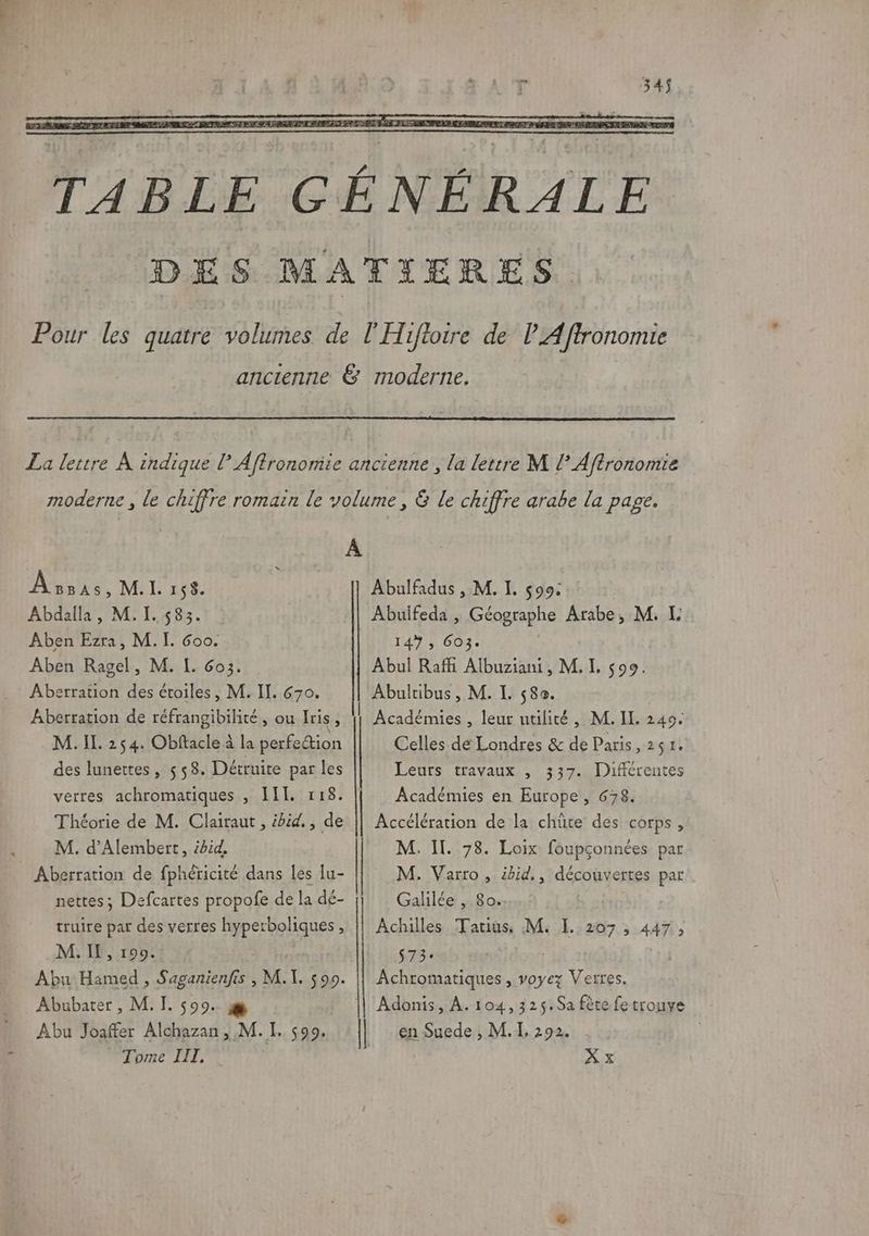 moderne , le chiffre romain le volume, &amp; le chiffre arabe la page. A Ass, ML 158. Abulfadus , M. IL. $99: Abdalla, M. I. 583. : Abuifeda , Géographe Arabe, M. L Aben Ezra, M. I. Goo. 14% , 603. Aben Ragel, M. L. Go3. Abul Rafñi Albuziani, M. I, $99. Aberration des étoiles, M. II. 670, Abultibus, M. I. 580. Aberration de réfrangibilité, ou Iris, | M. IL. 254. Obftacle à la perfection des lunettes, 558. Détruite par les verres achromatiques , III. 118. Théorie de M. Clairaut , ibid. , de Académies , leur utilité, M. IL. 240. Celles de Londres &amp; de Paris, 251. Leurs travaux , 337. Différentes Académies en Europe, 678. Accélération de la chute des corps, M. d’Alembert, ibid. M. Il. 78. Loix foupçonnées par Aberration de fphéricité dans les lu- | M. Varro, ibid,, découvertes par nettes; Defcartes propofe de la dé- Galilée , So. truire par des verres hyperboliques >. || Achilles Tatius M. [.:207 , 447, A IF, 199. 73° bu Hamed , Saganienfis , M. IX. 599. || Achromatiques, voyez Verres. Abubater, M. TI. 599. æ || Adonis, À. 104,325.Sa fête fe trouye Abu Joaffer Alchazan , M. I. 599. Ïl en Suede , M. I, 292. Tome LIL, X x