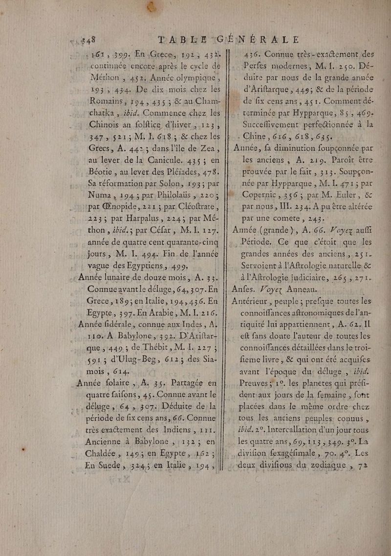 . . 348 : HGT , 399. Eu Greces;, 1923 432 continnce encore,après le cycle de Mérhon , 452: Année olympiqne, 193 , 434. De dix .mois chez les Romains, 194,435 ; &amp;au Cham- Chinois an folftice d'hiver; 123, 347, 5213: M, E 618; &amp; chez les Grecs, À. 4425 dans. l’île de Zea, au lever de la Canicule. 435 ; en Béotie , au lever des Pléiades, 478. Sa réformation par Solon, 193; par Numa, 1943 par Philolaüs ,,220; ‘par Œnopide, 221; par Cléoftrate, 2233 par Harpalus, 224; par Mc- thon , ibid.; par Céfar, M.L. 127. année de quatre cent quarante-cinq jours, M. I. 404. Fin_de Fannée vague des Esyptiens, 499, 436. Connue très-exatement des Perfes modernes, M. 1.250. Dé- duite par nous de la grande anuce d'Ariflarque , 449; &amp; de la période de fix cens ans, 45 1. Comment dé- Succeflivement perfe“ionnée à la les anciens , À, 219. Paroït être prouvée par le fait, 313. Soupçon- née par Hypparque , M. L 471; par Copernic ,366 ; pat M. Euler, &amp; par nous, [T. 234: À pu être altérée pat une comete , 243, grandes années des anciens ,.2$1. Servoient à l'Aftrologie naturelle, &amp; à l’'Aftrologie judiciaire, 265; 271. Anfes. Voyez Anneau. : Antérieur , peuple ; prefque toutes les AE lunaire de douze mois, A. 33. Comnue avant le déluge, 64,307.En Grece,189;enltalie, 194,436. En Egypte, 397. En Arabie, M. IL. 216. 110: À Babylone ,:392. D’Ariftar- que ; 449; de Thébit, M. I. 227; s91; d'Ulug-Beg, 6123 des Sia- mois , 614. Année folaire , À. 35. Partagée en quatre faifons, 45. Connue avant le déluge ,: 64 , 307: Déduite de: la période de fix cens ans, 66. Connue très exactement des Indiens , 1x1. Ancienne à Babylone 11325 en Chaldée , 149; en Egypte, 162; connoiflances aftronomiques de l’an- tiquité Jui appartiennent, À..62. Il eft fans doute l’auteur de toutes les connoiffances détaillées dans le-troi- fieme livre , &amp; qui ont été acquifes avant l’époque du: déluge: ibid. Preuves ; 1°. les planetes qui préfi- dentiaux jours de la femaine , font placées dans le même ordre chez rous, les anciens peuples: connus , ibid. 2°, Yntercallation d’un jour tous les quatre ans, 69,113 ,349.30. La divifon fexagéfimale , 70. 4°. Les