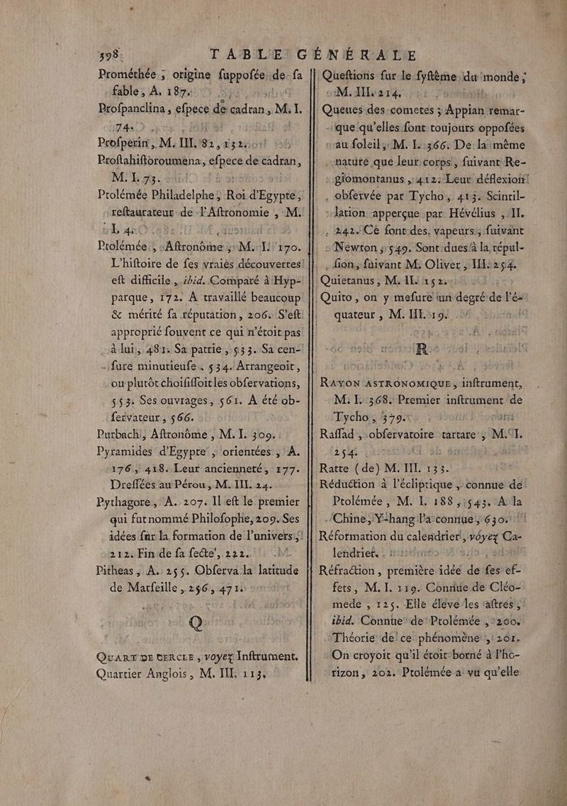 Prométhée ; otigine fuppofée. de fa fable; À, 18740 Répfpanehiqs : FIRRnl de ru M. I. 74e | Profperin, M. NL. 2, jp 2 Proflahiforoumenà, Res de cadran, M. L 73. Ptolémée Philadelphe rs d Eu rh ans rte dé -'Aftronomie », M. Ra ch n Prolémée., ons ï NM r eft difficile, nt Comparé à Hyp- païque, 172. À travaillé beaucoup &amp; mérité fa réputation, 206. S'eft approprié fouvent ce qui n’étoit pas - fure minutieufe. $ 34. Arrangeoit, ou plutôt choififloitles obfervations, 553: Ses ouvrages, 561. À été ob- fervateur, $ 66. Purbach!, Aftronôme , M. I. 300. Pyramides d'Egypte ; orientées , À. 176, 418. Leur ancienneté, 177. Dreffées au Pérou, M. IL. 24. Pythagore, A. 207. Ileft le premier qui fatnommé Philofophe,209.Ses … 212. Fin de fa fecte', 222. Pitheas, À. 255. Obferva la latitude de Marfeille , 256, 471: Q QuART DE CERCLE , v0yez Inftrurment. Quartier Anglois, M. JL 113, Queftions fur le fyfème du RORUES M. 214, L.. Queues des-cometes ; Appian remar- ‘que qu'elles font toujours oppofées nature que leur corps, fuivant Re- giomontanus ,, 412: Leur déflexio! . obfervée par Tycho, 413. Scinril- lation -apperçue par Hévélius , II. . 242.Ce font des. vapeurs; fuivant : Newton ; 549. Sont dues/à la répul- quateur , M. IE. 19. Ü # “ } M: 1. 368. Premier inftrument de Tycho, 379.1 arr Raffad , obfervatoire tartate', M. L 254. Réduétion à l’écliptique , connue de Ptolémée , M. IL. 188 ,:543, A la Chine, Y'hang Pa connue, 630411 lendriel, : mire: Réfra&amp;ion , première dé 4 (es ef- fets, M. I. 119. Connue de Cléo- mede , 125. Elle éleve/les ‘aftres | ibid. Connue de'Prolémée ,°260. Théorie de'ce phénomène 201. On croyoit qu’il étoit borné à l’hc- rizon, 202. Ptolémée a vu qu’elle