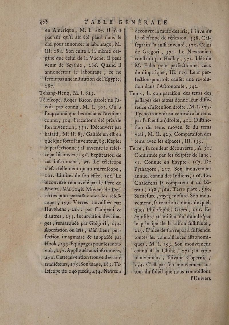 405 en Aiérique, M: 287. Il n'eft pas sûr qu'il ait été placé dans le Ciel pour annoncer le labourage , M. IT. 284. Son culte a la mème ori- gine que celui de la Vache. Il peut venir de Scythie , 286. Quand il annonceroit le labourage , ce ne feroit pasune inftitution de l’Egypre, 287. TFchang-Heng, M. I. 623. Téléfcope. Roger Bacon paroît ne l’a- voir pas connu, M. I. 303. On a * foupeonné que les anciens l’avoiént connu, 304. Fracaftor a été près de fon invention, 331. Découvert par hafatd , M! IE 83. Galilée en eft en quelque forte l'inventeur, 85.Kepler le perfetionne ; il invente le télef- cet inftrument, 97. Le télefcope n'eft réellement qu’un microfcope } or. Limités de fon effer, 102. Le biconvexe renouvelé par le Pere de + Rheïta, ibid. 148. Moyens de Def cartes pour perfeétionner les rélef- copes ; 199. Vérres travaillés par Huyghens ; 227; par Campani &amp; d'autres, 253. Incutvation des ima- : ges, remarquée par Grégori , ‘254. Aberration ou Ifis , 2hid. Leur per- feétion imaginaire &amp; fuppofée par : Hook, 2 5 5: Equipages pourles mou- VOir 257. Appliqués: aux inftrumens, 270. Cetteinvention trouve des con: tradiCteurs, 275 .Sonufage, 283.Té- de Gregori, $71. Le Newtonien M. Euler pour perfectionner ceux de dioptrique , IX. rr$. Leur per- fection pourroit caufer une révolu- tion dans l’Aftronomie , 342. pañlages des aftres donne leur diffé rence d’afcenfion droite, M.I. 375. Tycho trouvoit au contraire le rems tion du tems moyen &amp; du tems vrai , M. IL. 429. Comparaifon des tems avec les efpacés , IL. 1309. s1. Connue en Egypte, 167. De Pythagore , 217. Son mouvement annuel connu des Indiens, 1 r6. Les Sa mefure , voyez mefure, Son mou- vement, fa rotation connus de quel- le principe de la raifon fuffifante , 229. L'idée de fon repos à fufpendu toutes les conhoiffances aftronomi- ques , M. [. 193. Son mouvement l'Univers