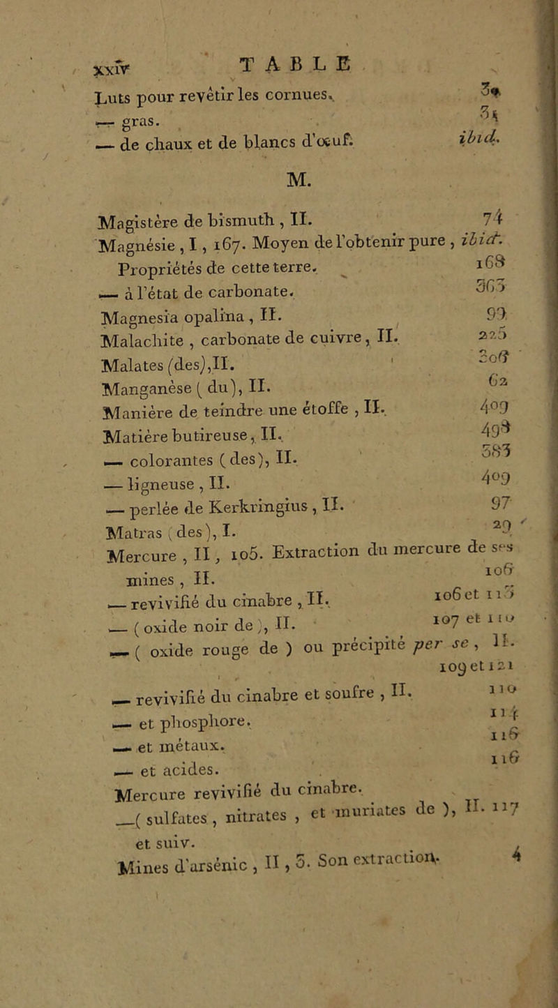 TABLE * V Luts pour revêtir les cornues.. '7. . ^ gras. . — de chaux et de blancs d’oeuf; ibid. M. 74 i6a 3G> 93 Z?, a co(f G Z 409 49''^ 533 4t>9 97 29 Magistère de bismuth , II. Magnésie , 1, 167. Moyen de l’obtenir pure , ibici^. Propriétés de cette terre. — à l’état de carbonate. Magnesia opalina ,11. ^ Malachite , carbonate de cuivre, IL Malates (des},II. ' Manganèse ( du), II. Manière de teindre une étoffe , II., Matière bu tireuse, II.. — colorantes (des), IL — ligneuse, IL — perlée de Kerkringius , II. Matras V des), I. Mercure , II, xo5. Extraction du mercure de ses TT 106 mines , rl. — revivifié du cinabre , IL 106 et 11 > _( oxide noir de;, IL loyeti.u oxide rouge de ) ou précipité per se, IL io9eti2i — revivifié du cinabre et soufre , IL 11 ^ — et phosphore, ^ ’ I , 11b —. et métaux. 11&amp; ,— et acides. Mercure revivifié du cinabre. __( sulfates, nitrates , et inuriates de ), IL u? et suiv. . Mines d’arsénic , II, 5. Son extractioit. 4
