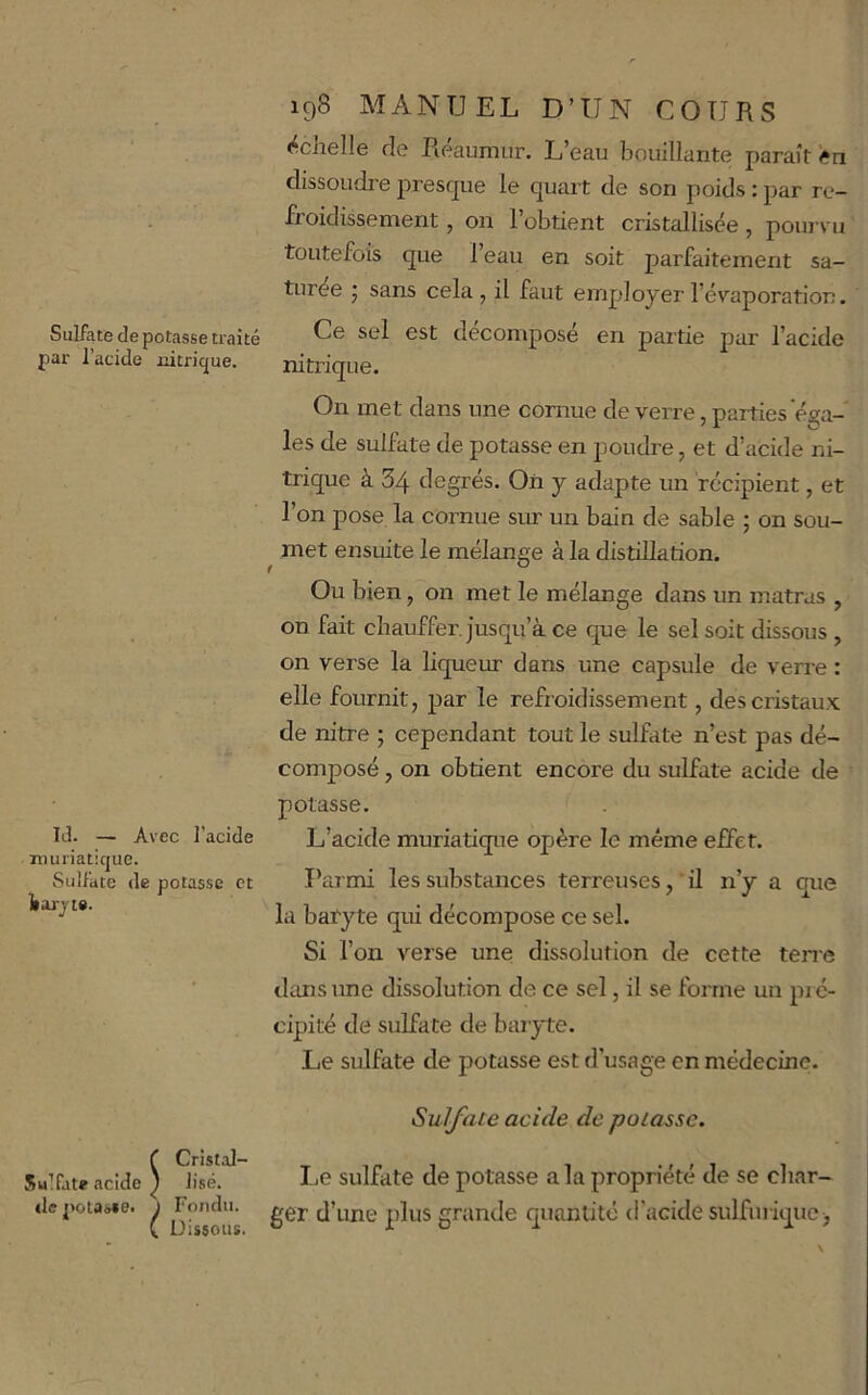 «échelle de Réaumur. L’eau bouillante paraît en dissoudre presque le quart de son poids : par re- froidissement , on l’obtient cristallisée, poui’vu toutefois que l’eau en soit parfaitement sa- turée ’ sans cela, il faut employer l’évaporation. Sulfate de potasse traité 6St décomposé en partie par l’acide par 1 acide jiitricjue. nitrique. On met dans une cornue de verre, parties éga- lés de sulfate de potasse en poudre, et d’acide ni- trique à 34 degrés. On y adapte un récipient, et l’on pose la cornue sur un bain de sable ; on sou- ^ met ensuite le mélange à la distillation. Ou bien, on met le mélange dans un matras , on fait chauffer, jusqu’à ce que le sel soit dissous , on verse la liqueur dans une capsule de verre : elle fournit, par le refroidissement, des cristaux de nitre ; cependant tout le sulfate n’est pas dé- composé , on obtient encore du sulfate acide de potasse. Id. — Avec l’acide L’acide muriatique opère le même effet, muriatique. Sulfate de potasse et Parmi les substances terreuses, ’ il n’y a que la bafyte qui décompose ce sel. Si l’on verse une dissolution de cette tene dtuis une dissolution de ce sel, il se forme un pré- cipité de sulfate de baryte. Le sulfate de potasse est d’usage en médecine. Sulfate acide de potasse. f Cristal- Sulfate acide ^ lise, «lepoiasie. J Fondu. ( Dissous. Le sulfate de potasse a la propriété de se char- ger d’une plus grande quantité d’acide sulfurique^