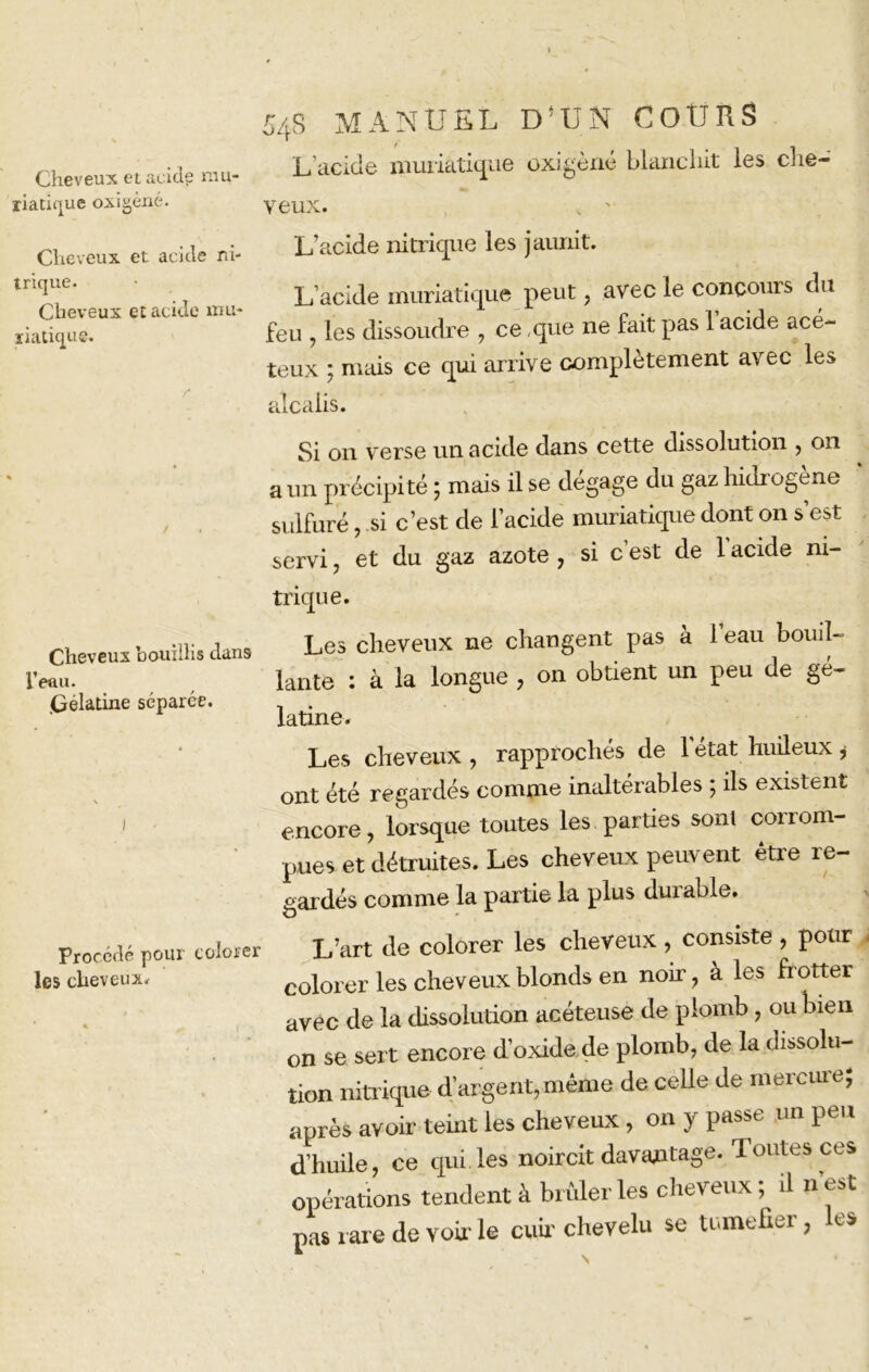 riatique oxigené. Cheveux et acide ni- trique. Cheveux et acide uui* riatique. 548 MANUEL D'UN COURS L’acide muriatique oxigèué blanchit les cite- veux. , ' L’acide nitrique les jaunit. L’acide muriatique peut, avec le concours du feu , les dissoudre , ce que ne fait pas 1 acide acé- teux : mais ce qui arrive complètement avec les alcalis. Cheveux bouillis dans l’eau. (Gélatine séparée. Si on verse un acide dans cette dissolution , on a un précipité ; mais il se dégage du gaz hidrogène sulfuré, si c’est de l’acide muriatique dont on s’est servi, et du gaz azote , si c’est de 1 acide ni- trique. Les cheveux ne changent pas à 1 eau bouil- lante : à la longue , on obtient un peu de gé- latine. Les cheveux , rapprochés de letat huileux * ont été regardés comme inaltérables ; ils existent 1 encore, lorsque toutes les parties sont coi rom- pues et détruites. Les cheveux peuvent êtie re- gardés comme la partie la plus durable. Procédé pour colorer L’art de colorer les cheveux , consiste , pour les cheveux. colorer les cheveux blonds en non, à les hotter avec de la dissolution acéteuse de plomb, ou bien on se sert encore d’oxide de plomb, de la dissolu- tion nitrique d’argent,même de celle de mercure; après avoir teint les cheveux , on y passe un peu d’huile, ce qui les noircit davantage. Toutes ces opérations tendent à brûleries cheveux ; il n’est pas rare de von le cuir chevelu se tuméfier, les