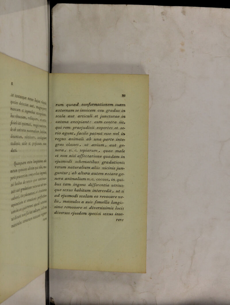 tot tantoeau' . ******** Hl Mi systemati, magis u k ab universo mammalium k desumtim, substituere, -jd studiosis utile et projicuum duxi, i absum fd m■ Qmpmem lon^me ah torum opi0M . lirfif-H-r i? - Tum quoad conformationem suam externam se invicem ceu gradus in scala aut articuli et juncturae in catena excipiant: cum contra iis* qui rem praejudicii expertes et se- rio agunt* facile pateat esse vel in regno animali ab una parte inte- gras classes * ut avium * aut ge- nera., v. c. sepiarum * quae male et non nisi affectatione quadam in ejusmodi schematibus gradationis rerum naturalium aliis vicinis jun- guntur ; ab altera autem extare ge- nera animalium v. c. coccosj in qui- bus tam ingens differentia utrius- que sexus habitum intercedit* ut si ad ejusmodi scalam ea revocare ve- lis* masculos a suis femellis longis- sime removere et diversissimis locis diversos ejusdem speciei sexus inse- rere
