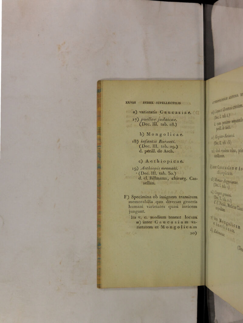 a) varietatis Caucasiae. 17) puellae Judaicae. (Dec. III. tab. 28.) b) Mongolicae. 18) infantis Buraeti. (Dec. III. tab. 29.) d. perill. de Asch. c) Aethiopicae. 19) Aethiopis neonati. • (Dec. III. tab. 3o.) d. cl. Billmann, chirurg. Cas- sellan. F) Specimina ob insignem transitum memorabilia quo diversas generis humani varietates quasi invicem jungunt. Ita v. c. medium tenent locum «) inter C a u c a s i a m va- rietatem et Mongolicam 20) .OGlCtf ACTORIS- X3 s cranium. iJ)oi (Dec. L tab. 4«) icp-o**!1'1' perilL de Asch. ji) iir^iscsfouccci, (Deci tab. i5.j 11) jki tribus, prio v inter Caucasiam et 4 e- tiiopicam, (Dec. L tab. i,} e!C:nS0li W'1***. •'it,