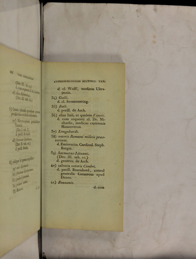 peculiaribus atfc defcmaia. V]) Mdcrocepliali jioWte Tatarici. (Dec. 11ab, i) i perili, de Asci. d, perill. Banfa. u8) feminae Caribeae. (Dec.ILtab.20.) d. cl. Wolff, rnedicus Ultra- jectin. 34) Galli. d. cl. Soemmerring. 55) Itali. d. perill. de Ascli. 56) alius Itali, et quidem Veneti. d. cum sequenti cl. Dr. Mi- chaelis, medicus castrensis Hannoveran. 5y) Longobardi. 58) veteris Romani militis prae- toriani. d. Eminentiss. Cardinal. Steph. Borgia. 09) Sarmatae Lituani. (Dec. III. tab. 22.) d. generos, de Asch. 4°) calvaria veteris Cimbri. d. perill. Bozenhard, consul generalis Caesareus apud Danos. 40 Fennonis. d. cum
