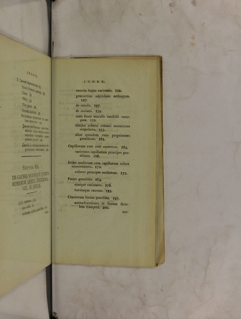 lS»E, Ca“Ssae Je„n> . Clima, j8i ^ 8}, Vittas, ^ Vitae?eous, ^ ^objbrik pJ, t** w*»»-. b°sa mtcmptne. mj, fiiwwm fniliiwiu: astu e- tilationes aliave artificu «ni animalium vsritoiite jjcjj. praebere possint! iq6. CiUttlitin scruiiaocussira:;. generationis obsemnk 105. INDEX. caussae hujus varietatis. 122. praesertim nigredinis aethiopum, 127. de creolis. T37. de mulatis. 139. cutis fusca maculis candidis varie- gata. 150. similes coloris cutanei mutationes singulares. 155. aliae quaedam cutis proprietates gentilitiae. 161. Capillorum cum cute consensus. 164. varietates capillorum principes gen- tilitiae. 166. forno Vi\. . niiiccK MODIS0H QI-TS-b Irides oculorum cum capillorum colore consentientes. 170. colores principes oculorum, 172. •*%SF Facies gentilitia. 174. ejusque varietates. 176. harumque caussae. 182. Cotrt n**® #’*■ >* oriia»1** 0* Craniorum forma gentilitia. 197. animadversiones in lineatu facia- lem Camperi. 200. nor- —» - _