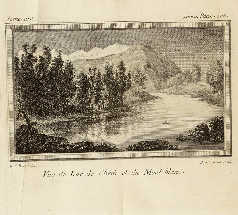 Vue du Lac de C/iéde et du Mont blanc.