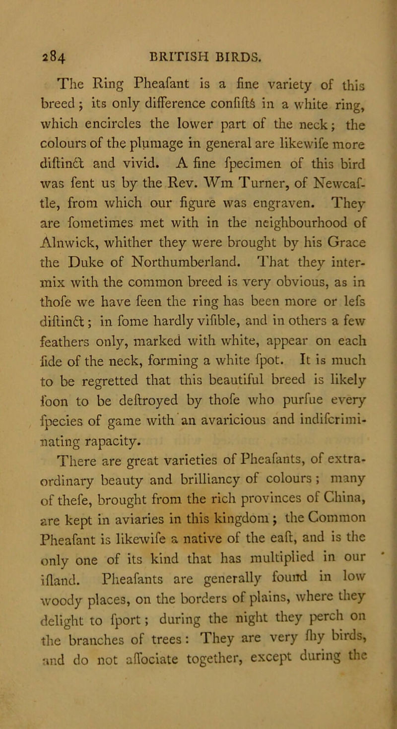 The Ring Pheafant is a fine variety of this breed ; its only difference confiftd in a white ring, which encircles the lower part of the neck; the colours of the plumage in general are likewife more diftindt and vivid. A fine fpecimen of this bird was fent us by the Rev. Wm Turner, of Newcas- tle, from which our figure was engraven. They are fometimes met with in the neighbourhood of Alnwick, whither they were brought by his Grace the Duke of Northumberland. That they inter- mix with the common breed is very obvious, as in thofe we have feen the ring has been more or lefs diftindt; in fome hardly vifible, and in others a few feathers only, marked with white, appear on each fide of the neck, forming a white fpot. It is much to be regretted that this beautiful breed is likely foon to be deftroyed by thofe who purfue every fpecies of game with an avaricious and indifcrimi- nating rapacity. There are great varieties of Pheafants, of extra- ordinary beauty and brilliancy of colours ; many of thefe, brought from the rich provinces of China, are kept in aviaries in this kingdom ; the Common Pheafant is likewife a native of the eall, and is the only one of its kind that has multiplied in our ifland. Pheafants are generally found in low woody places, on the borders of plains, where they delight to fport; during the night they perch on the branches of trees: They are very fhy birds, and do not affociate together, except during the