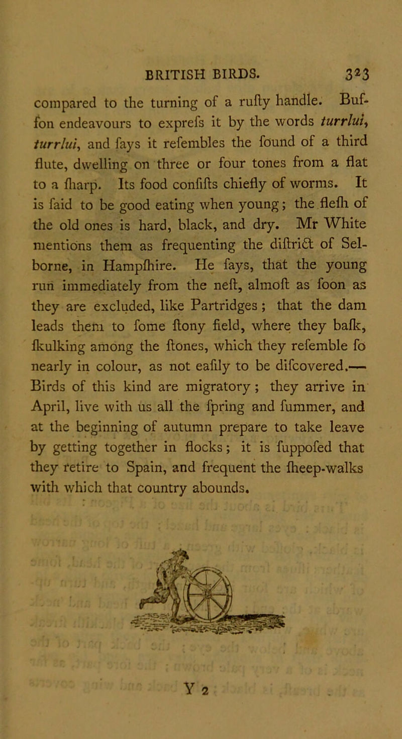 compared to the turning of a rufty handle. Buf- fon endeavours to exprefs it by the words turrlui, turrlui, and fays it refembles the found of a third flute, dwelling on three or four tones from a flat to a fharp. Its food confifts chiefly of worms. It is faid to be good eating when young; the flefli of the old ones is hard, black, and dry. Mr White mentions them as frequenting the diftritt of Sel- borne, in Hampfhire. He fays, that the young run immediately from the neft, almoft as foon as they are excluded, like Partridges ; that the dam leads them to fome flony field, where they ball?:, fkulking among the Hones, which they refemble fo nearly in colour, as not eafily to be difcovered.— Birds of this kind are migratory ; they arrive in April, live with us all the fpring and fummer, and at the beginning of autumn prepare to take leave by getting together in flocks; it is fuppofed that they retire to Spain, and frequent the fheep-walks with which that country abounds.