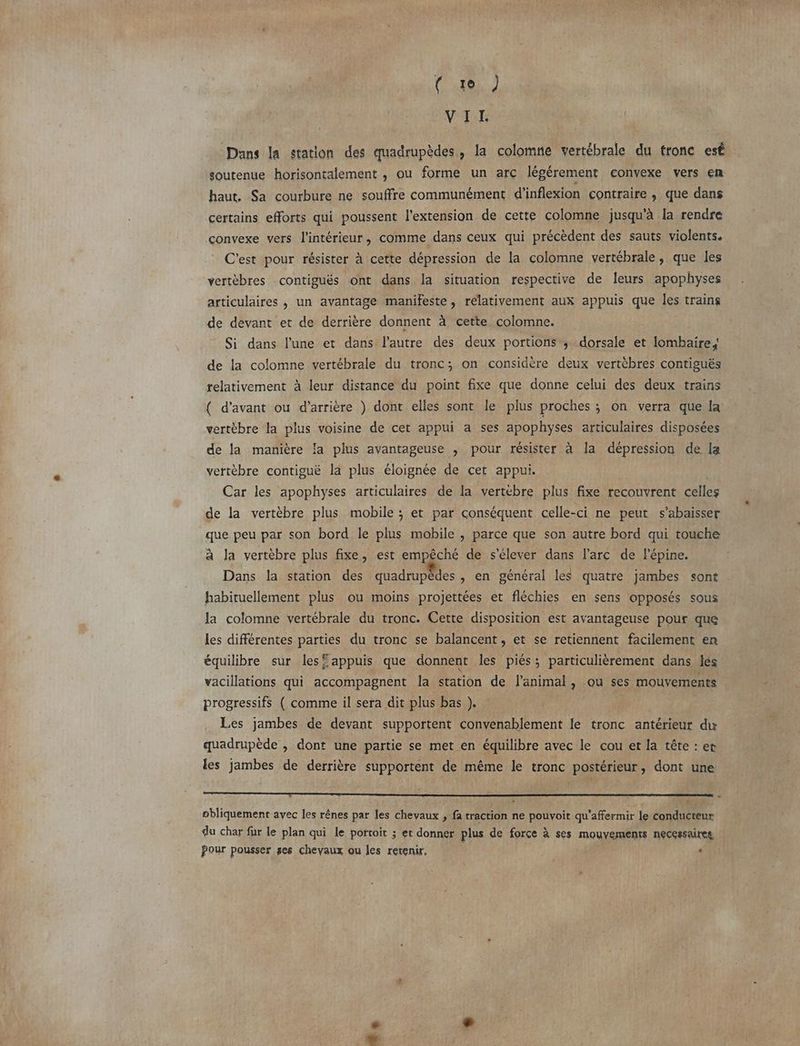 VI Dans la station des quadrupèdes, la colomne vertébrale du tronc esé soutenue horisontalement , ou forme un arc légérement convexe vers em haut. Sa courbure ne souffre communément d’inflexion contraire , que dans certains efforts qui poussent l'extension de cette colomne jusqu'à la rendre convexe vers l'intérieur, comme dans ceux qui précèdent des sauts violents. C'est pour résister à cette dépression de la colomne vertébrale, que les vertèbres contiguës ont dans la situation respective de leurs apophyses articulaires , un avantage manifeste, relativement aux appuis que les trains de devant et de derrière donnent à cette colomne. Si dans l’une et dans l’autre des deux portions ; dorsale et lombaire de la colomne vertébrale du tronc; on considère deux vertèbres contiguës relativement à leur distance du point fixe que donne celui des deux trains ( d'avant ou d’arrière ) dont elles sont le plus proches ; on verra que la vertèbre la plus voisine de cet appui a ses apophyses articulaires disposées de la manière la plus avantageuse ; pour résister à la dépression de la 4 vertèbre contiguë la plus éloignée de cet appui. ; Car les apophyses articulaires de la vertébre plus fixe recouvrent celles de la vertébre plus mobile ; et par conséquent celle-ci ne peut s’abaisser que peu par son bord le plus mobile , parce que son autre bord qui touche à la vertèbre plus fixe, est empêché de s'élever dans l'arc de l’épine. Dans la station des quadrupèdes , en général les quatre jambes sont habituellement plus ou moins projettées et fléchies en sens opposés sous la colomne vertébrale du tronc. Cette disposition est avantageuse pour que les différentes parties du tronc se balancent, et se retiennent facilement en équilibre sur les“appuis que donnent les piés; particulièrement dans les vacillations qui accompagnent la station de l'animal, ou ses mouvements progressifs ( comme il sera dit plus bas }. | | Les jambes de devant supportent convenablement le tronc antérieur du quadrupède , dont une partie se met en équilibre avec le cou et la tête : er les jambes de derrière supportent de même le tronc postérieur, dont une ï x À LE obliquement avec les rênes par les chevaux , fa traction ne pouvoit qu’affermir le conducteur du char fur le plan qui le portoit ; et donner plus de force à ses mouvements necessaires | Pour pousser ses Chevaux ou les retenir. pi LE $ «
