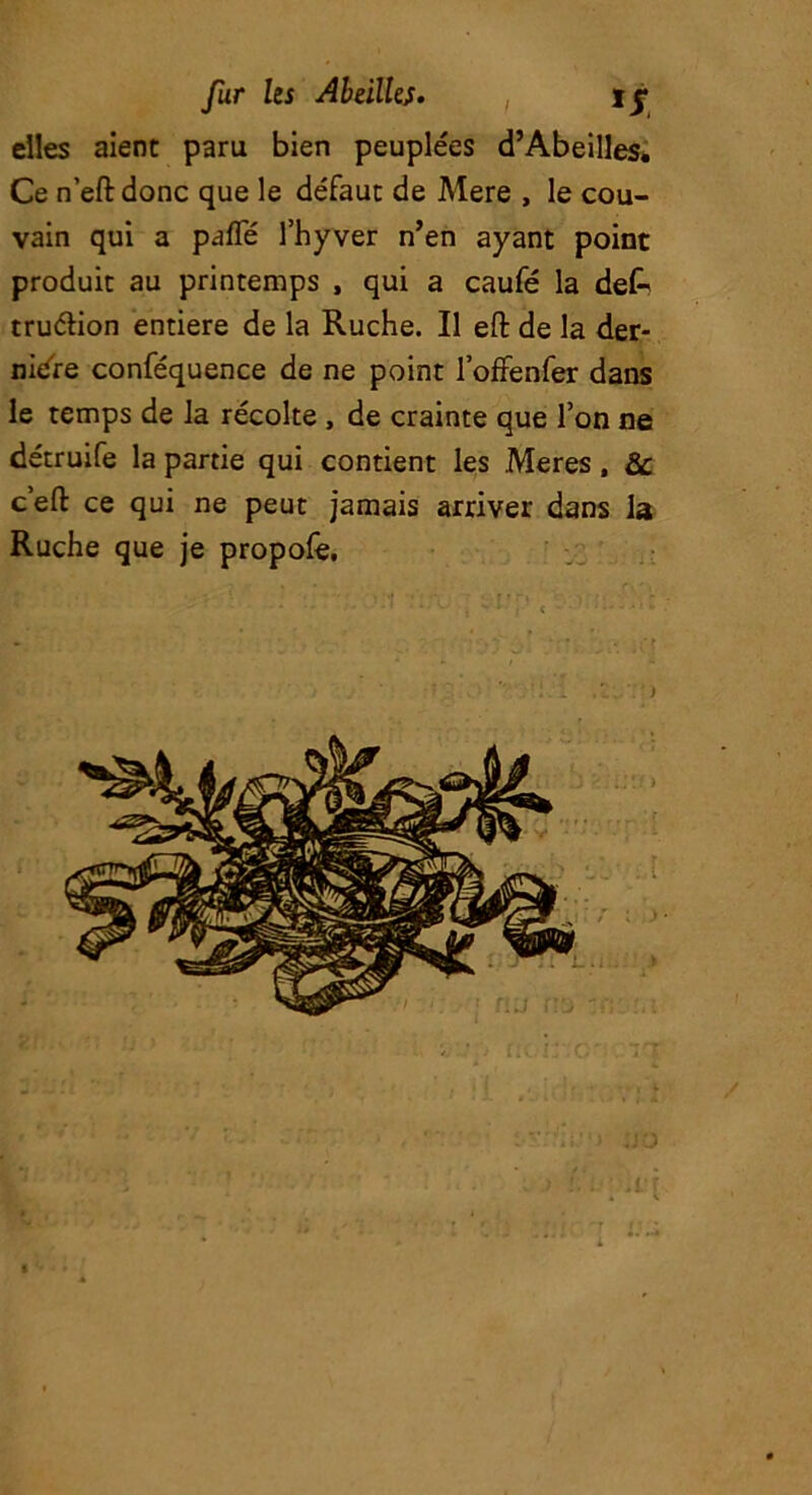 fur Us Abeilles. , Ij* elles aient paru bien peuplées d’Abeilles* Ce n’eftdonc que le défaut de Mere , le cou- vain qui a pafle l’hyver n’en ayant point produit au printemps , qui a caufé la dek truélion entière de la Ruche. Il eft de la der- nière conféquence de ne point l’offenfer dans le temps de la récolte , de crainte que l’on ne détruife la partie qui contient les Meres, & c’eft ce qui ne peut jamais arriver dans la Ruche que je propole. • '■*