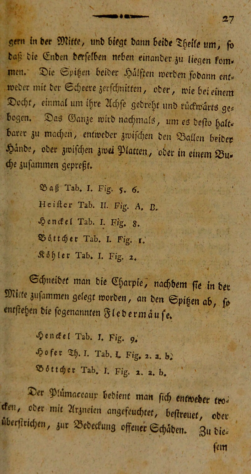 <\m in ber 9)?iffe, »nb Biegt bann 6eibe tfjeife t,m, ji> bop bie ©nben berfefBen neben einanber au Hegen fom* men. Sie ©rufen Beiber Rafften merben Johann ent*  »eber mit ber '©c&'eere ajsrfdjmtfen, ober, rcie6ei einem Socf;r, einmal um tfjre 2ldjfe gebreff unb fücftu’ar« ge* Bogen. Saö ©anje wirb naefmafe, um es bej?o fjaff* Barer machen, entroeber amifcf;en ben haften Beiber ^anbe, ober awiföen ^ei glatten, ober in einem iSu- dje jufammen geprepf. Q5a(j Tab. I. Fig. j, 6. Hcifter Tab. II. Fig. A, ß. Tab. I. Fig, s. Söö.ttdjet Tab. I. Fig. r. ^ «5 ^ I c v Tab. I. Fig. 2, ' ,Vv,  ' » > • “m4 * ' • ScBneibef man bie ©farpfe; nadjbem |7e in bet ^lcfe 3»fammen geiegt worben, an ben <gpi$en ab, f» ontfre^en bie fogenannten $iebermdufe» ^enrf ef Tab. I, Fig. 9. •Jpofer Tab. I. Fig, 2. a. b} Sböttctycr Tab. I. Fig. 2. a. b. ®fr ^^mnccaur Wbienf man |idj enfitirttt (ro. ebtc mit <>9«fiSc(»tc(, beffreuee bfrund;«,, jut 23et>Kfm,3 offen«eitlen. SuMe.