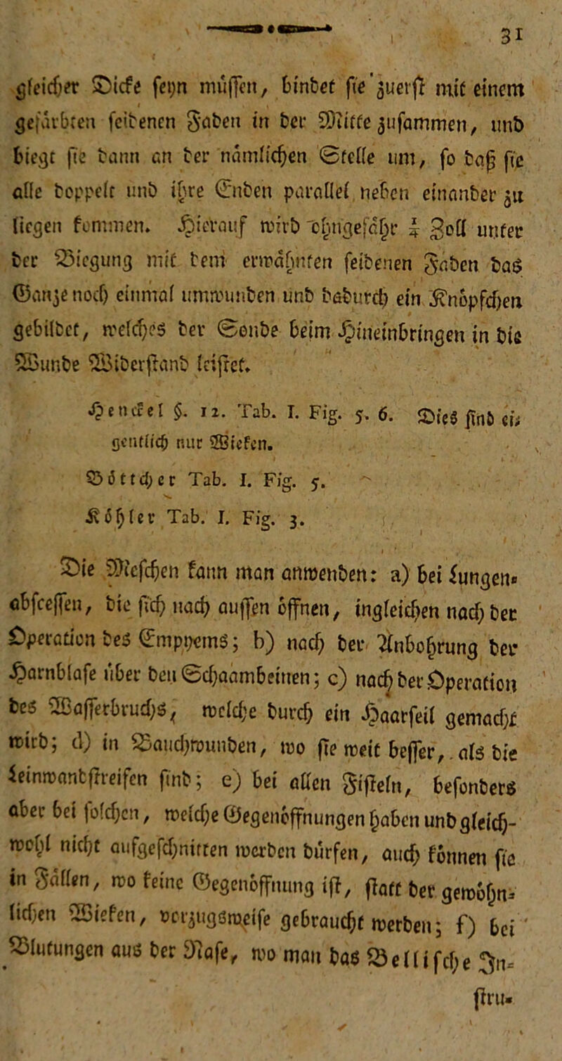 gfeicber £)icfe fet;n muffen, 6inbet fie’^uerff mit einem gefärbten fcitenen Selben in bet SDtiffe jufammen, unb biegt fte bann an ber nämlichen 0fci(e um, fo bajj fic alle boppeit unb ihre drüben parallel neben einembet 51t liegen fommen. Äievauf wirb lonngefd^r i 3oii unter ber Biegung mit teni erwähnten feibenen gaben baß ©anje noef) einmal umwunben unb baburd) ein ^n6pfd)en gebilbet, weites ber (Seube beim ^ineinbrmgen in biß SSunbe SBiberftanb leifref* Jpenccel $. 12. Tab. I. Fig. 5. 6. £>teS jtnö tit flcntbcö nur liefen. - \ Q5i5ttd;cr Tab. I. Fig. 5. ■/> £i$l-et Tab. I. Fig. 3. £>ie jpicfdjen fnnn man anwenben: a) bei Zungen« öbfeeffen, bie ffd) nach aufffn offnen, ing(eief>en nad; ber geraden beß gmppcmß; b) naef; ber tfnbofffung bei- ^arnblafe über beii ©cfaambeinen; c) nach ber Operation les WafittjymQ*' weiche burch ein £aarfet( gemacht wirb; tl) in SSaiidjrounben, wo fie weit beffer,. aiß bie ieinwöntfheifen finb; e) bei affen giffein, befonbers aber bei fofehen, weid;e ©egenbffnungen haben unb gleich- webi nicht aufgefdjnirten werben burfen, autf; fonnen fic in Sailen, wo feine ©egenbffmmg iff, ffatf ber gewöhn- tiden liefen, t>cr3ugö^eife gebraucht werben; f) bei ' Blutungen aus ber Sftafe, wo man baß Q3 e 1U fcf; e 3n- ffru«