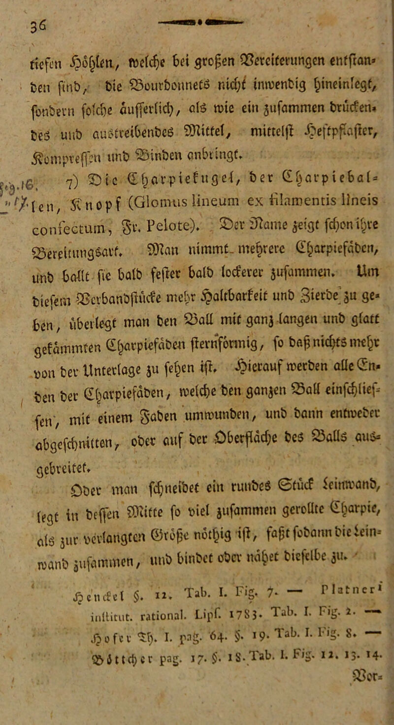 tfefcn Welche bei großen ^Weiterungen ettfftan* ben ft nt), bie 23ourbonnetß nicf;f tnwenbig Ijtneinlegt, fonbevn folcbe äufferlicb, alö wie ein jufammen brutfen* be$ unb auStretbenbeö bittet, mittelfl Jjeftpflafler, Äb'mprefien unb ®inben anbringf, ^,6 7) ©*c G&arpiefuge*, her Gf^arpiebal- >. tjf. j e n n0pf (Glomus linqum ex filaroentis lineis confectum, §r. Pelote). ©er SHame 3«igt feiert ifcre Bereitungsart. -SRan nimmt, mehrere (Efcarpiefdbcn, unb ballt ft« halb fefter halb lotferer sufammen. Um tiefem iScrbanbftütfe mehr £altbarfeit unb Sierbeju ge- ben , überlegt man ben 2)all mit gern* langen unb glatt gelammten d&arpfefäfcen jlernformig, fo bafj nichts mefw von ber Unterlage ju feigen ift. hierauf werben alle (En- ben ber (Ebarpiefaben, welche ben ganzen 23all einfchlief- fen , mit einem gaben unmumbeu, unb bann enfweber abgeftfenilten, ober auf ber Öberfldc&e beS 23aüs aus- gebreitet, -Ober man fdjneibet ein ruitbeS ©tücf Seinwanb, (egt in bejfen SRiffe fo viel jufammen gerollte (Ebarpie, dö jur verlangten ©tbfje notfcig ifl, f^tfobannbieiein- wanb jufammen, unb binbet ober ndfcet biefelbe 311, Jpctufcl $. 12, Tab. I. Fig. 7. - Platncr* iiilticiit. rational. Lipfl I7S3* Tab. F Fig. 2* Jp o fc v <51). I. pag. 64. §. 19- Tab. I. Fig. 8. — Rittet)er pag. 17. §• iS-lab. I. Fig. 12. 13. 14. , 2$er-