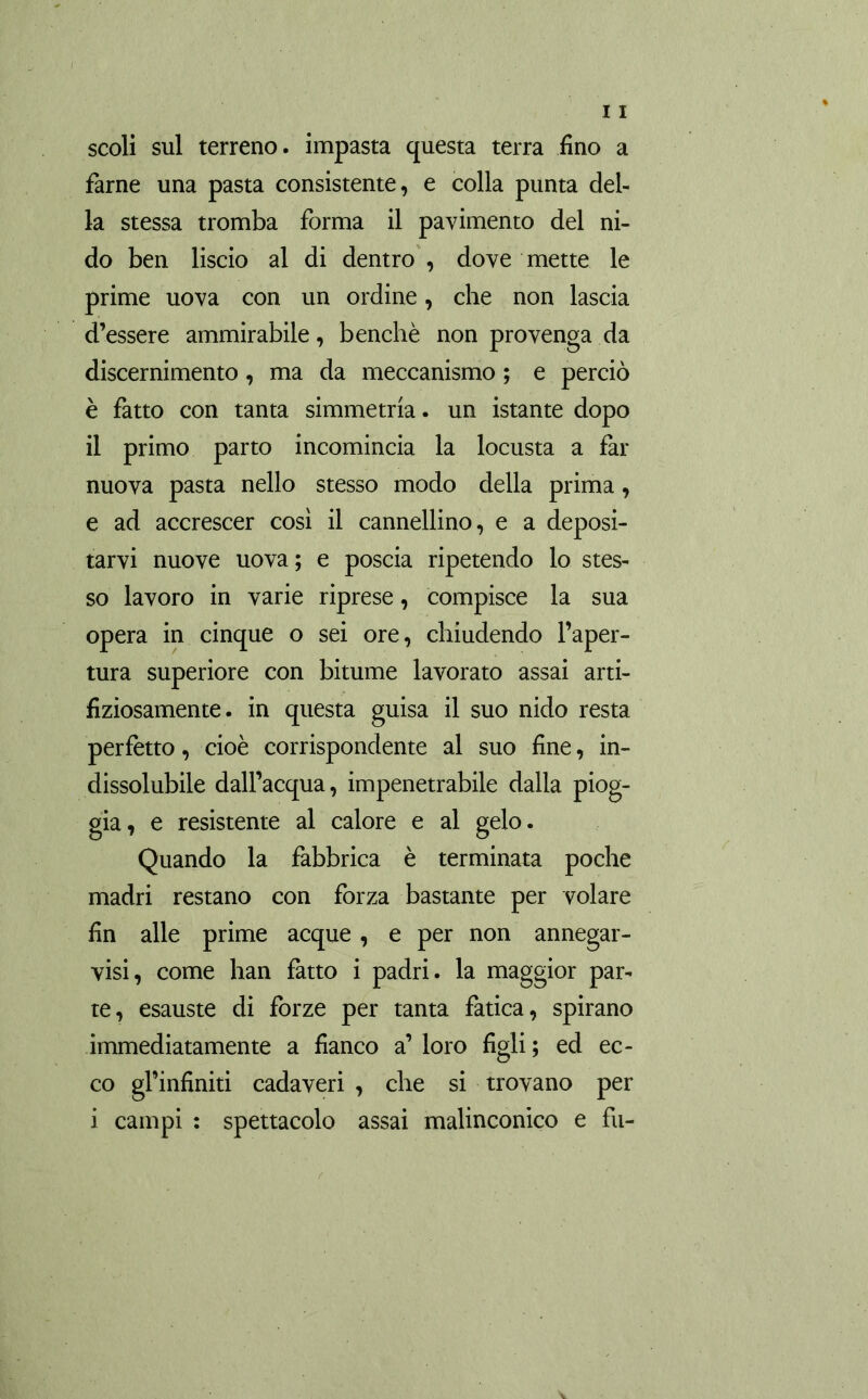 scoli sul terreno, impasta questa terra fino a farne una pasta consistente, e colla punta del- la stessa tromba forma il pavimento del ni- do ben liscio al di dentro , dove mette le prime uova con un ordine, che non lascia d’essere ammirabile, benché non provenga da discernimento, ma da meccanismo ; e perciò è fatto con tanta simmetria. un istante dopo il primo parto incomincia la locusta a far nuova pasta nello stesso modo della prima, e ad accrescer così il cannellino, e a deposi- tarvi nuove uova; e poscia ripetendo lo stes- so lavoro in varie riprese, compisce la sua opera in cinque o sei ore, chiudendo l’aper- tura superiore con bitume lavorato assai arti- fiziosamente. in questa guisa il suo nido resta perfetto, cioè corrispondente al suo fine, in- dissolubile dall’acqua, impenetrabile dalla piog- gia, e resistente al calore e al gelo. Quando la fabbrica è terminata poche madri restano con forza bastante per volare fin alle prime acque , e per non annegar- vi, come han fatto i padri, la maggior par- te, esauste di forze per tanta fatica, spirano immediatamente a fianco a’ loro figli; ed ec- co gfinfiniti cadaveri , che si trovano per i campi : spettacolo assai malinconico e fu-