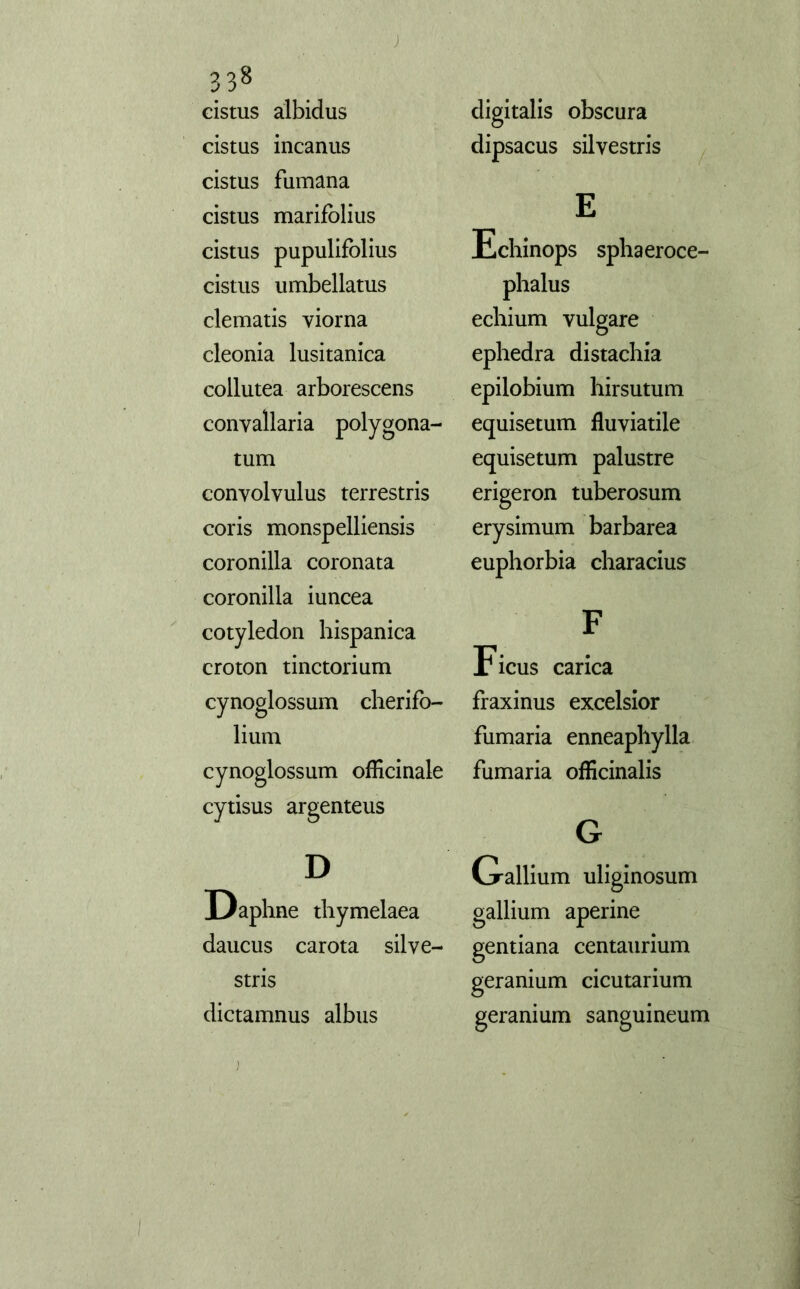 cistus albidus cistas incanus cistus fumana cistus marifolius cistus pupulifolius cistus umbellatus clematis viorna cleonia lusitanica collutea arborescens convallaria polygona- tum convolvulus terrestris coris monspelliensis coronilla coronata coronilla iuncea cotyledon hispánica croton tinctorium cynoglossum cherifo- lium cynoglossum officinale cytisus argenteus D D aphne thymelaea daucus carota silve- stris dictamnus albus digitalis obscura dipsacus silvestris Echinops sphaeroce- phalus ;chium vulgare ;phedra distachia :pilobium hirsutum ìquisetum fluviatile ìquisetum palustre irigeron tuberosum ìrysimum barbarea ‘ìinhnrbia rhararin^ F Ficus carica fraxinus excelsior fumaria enneaphylla fumaria officinalis Gallium uliginosum gallium aperine gentiana centaurium geranium cicutarium geranium sanguineum