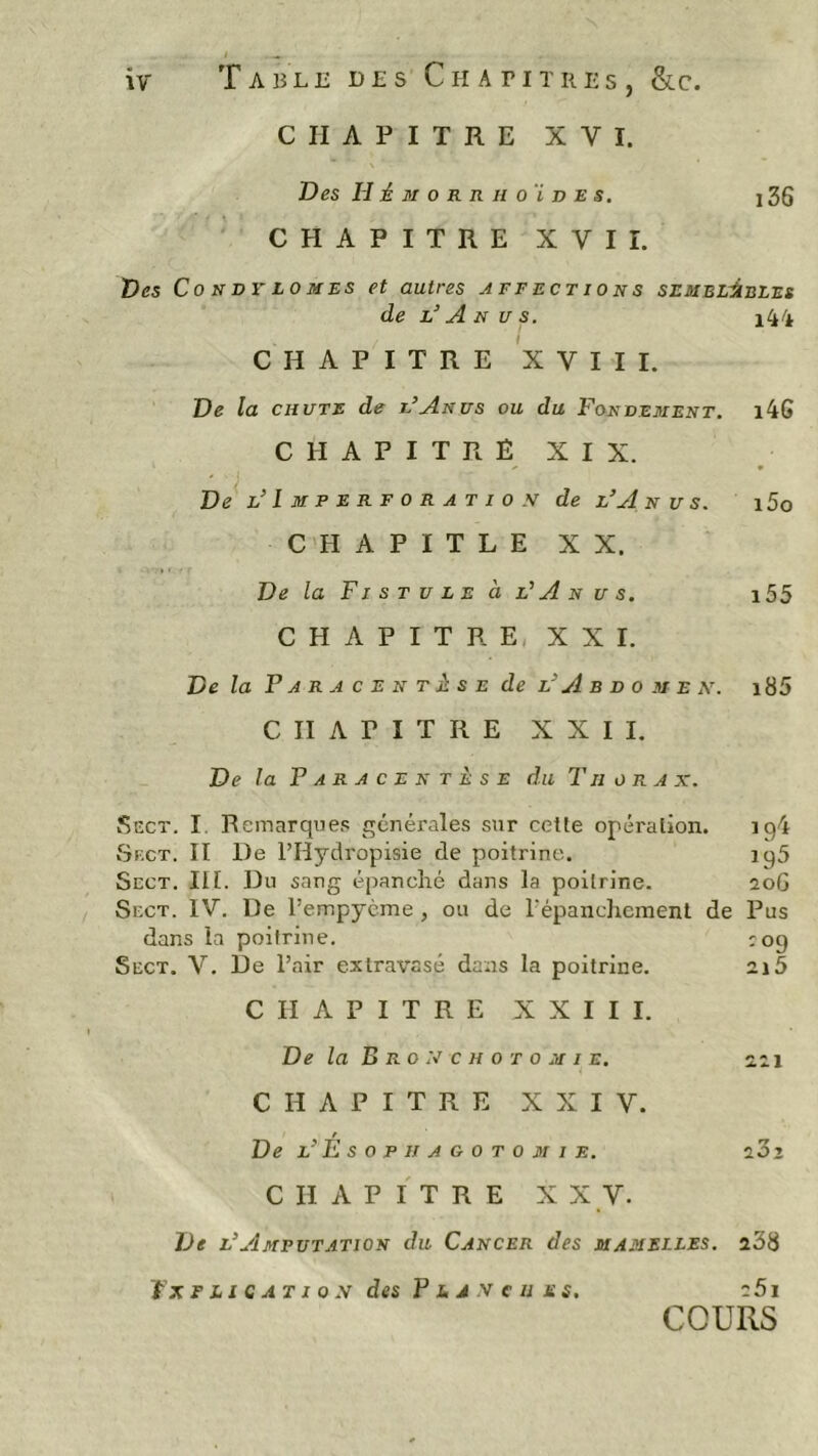 CHAPITRE XVI. Des Hémorrhoïdes. j36 CHAPITRE XVII. Des Condylomes et autres affections semblables de l’ A n u s. iV* CHAPITRE XVIII. De la chute de l’Anus ou du Fondement. i4G CHAPITRE XIX. De l’l m perforation de l’Anus. i5o CHAPITLE XX. De la Fistule à l’Anus. i55 CHAPITRE XXI. De la Paracentèse de l’Abdome x. i 85 CHAPITRE XXII. De la Paracentèse du Thorax. Sect. I Remarques générales sur cette opération. iq4 Sect. II l)e l’Hydropisie de poitrine. iq5 Sect. III. Du sang épanché dans la poitrine. 20G Sect. IV. De l’empycme , ou de l'épanchement de Pus dans la poitrine. 109 Sect. V. De l’air extravasé dans la poitrine. 215 CHAPITRE XXIII. De la B r 0 X c h 0 t 0 m 1 e. 221 CHAPITRE XXIV. De l’É s 0 P II A G 0 T 0 MIE. 2 3 2 CHAPITRE XXV. De l’Amputation du Cancer des mamelles. 238 Explication des P l j .v c u es. 2 51 COURS