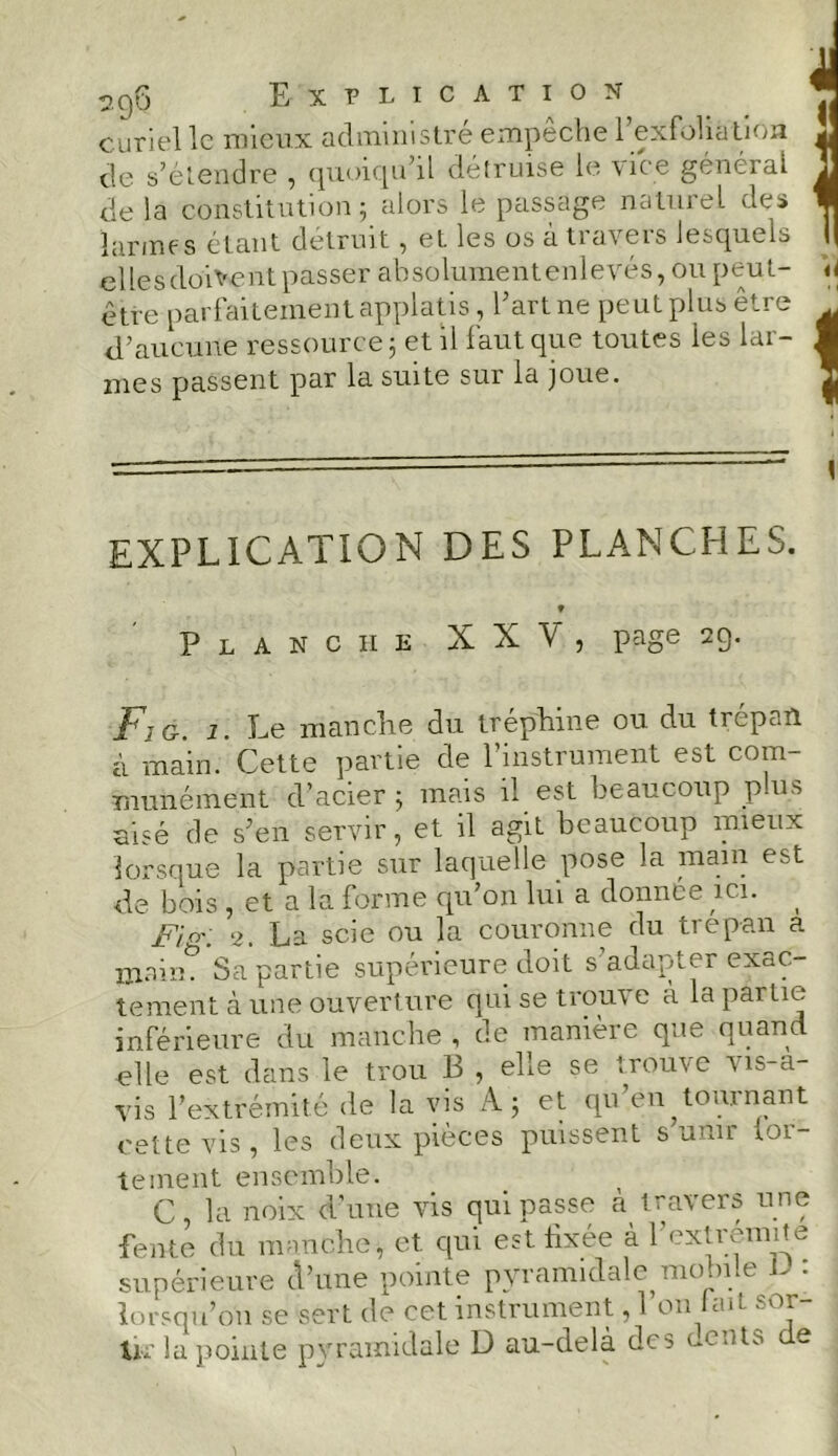 curiel le mieux admini listré empêche l’exfolia tion de s’étendre , quoiqu’il détruise le vice général de la constitution; alors le passage naturel des larmes étant détruit , et les os à travers lesquels elles doivent passer absolumentenlevés, ou peut- être parfaitement applatis, l’art ne peut plus être <Taucune ressource; et il faut que toutes les lar- mes passent par la suite sur la joue. ! EXPLICATION DES PLANCHES. t Planche XXV, page 29. Fié. Le manche du tréphine ou du trépan à main. Cette partie de l’instrument est com- munément d’acier; mais il est beaucoup plus aisé de s’en servir, et il agit beaucoup mieux lorsque la partie sur laquelle pose la main est de bois , et a la forme qu’on lui a donnée ici. _ jFjo-: ‘2. La scie ou la couronne du trépan a lïiaim Sa partie supérieure doit s’adapter exac- tement à une ouverture qui se trouve à la partie- inférieure du manche , de manière que quand elle est dans le trou 13 , elle se trouve vis-a- vis l’extrémité de la vis A; et qu enfournant cette vis, les deux pièces puissent s unir for- tement ensemble. C, la noix d’une vis qui passe a travers une fente du manche; et qui est fixée à l’extrémité supérieure d’une pointe pyramidale mobile L : lorsqu’on se sert de cet instrument, 1 on iaii sor- tir la pointe pyramidale D au-delà des dents de