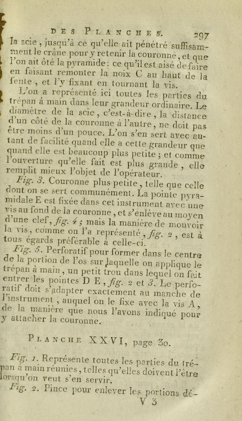 la scie , jusqu’à ce qu’elle ait pénétré suffisam- ment le crâne pour y retenir la couronné, et que 1 on ait oté la pyramide: ce qu’il est aisé défaire en faisant remonter la noix C au haut de la lente , et l’v fixant en tournant la vis. L’on a représenté ici toutes les parties du trépan à main dans leur grandeur ordinaire Le ■ j!ame\re, f}e ,la scie> c’est-à-dire, la distance ci un cote de la couronne à l’autre, ne doit pas etre moins d un pouce. L’on s’en sert avec au- tant de facilite quand elle a cette grandeur que quand elle est beaucoup plus petite 3 et comme 1 ouverture qu elle fait est plus grande, elle remplit mieux 1 objet de l’opérateur. T 3- Couronne plus petite, telle que celle dont on se sert communément. La pointe pyra- midale E est fixee dans cet instrument avec une V,S au lo.n(J clJla couronne , et s’enlève au moyen o une clef, fi g. 4mais la manière de mouvoir la vis, comme on l’a représenté, £«• o est à tous égards préférable à celle-ci. ’ Fig. 5. Perforatif pour former dans le centre de la portion de l’os sur .laquelle on applique le trépan a mam, un petit trou dans lequel on fait mPfdf1•? P°întes D E 'fis- 2 et 3. Le perfo- atd doit s adapter exactement au manche de J instrument , auquel on le fixe avec la vis A de la maniéré que nous l’avons indiqué pour 3 aLacner la couronne. Planche X X. VI , page 3o. F'ig. J. Représente toutes les parties du tré- pan a main reunies , telles qu’elles doivent l’être lorsqu’on veut s’en servir. fe ll&- 2i Cince pour enlever les portions dé-