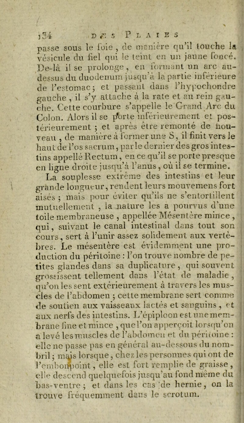 ] 34 Plaies passe sous le foie , de manière qu’il touche la vésicule du fiel qui le teint en un jaune foncé. De-là il se prolonge, en formant un arc au- dessus du duodénum jusqu’à la partie inférieure de l’estomac5 et passant dans l’hypochondre gauche , il s’y attache à la rate et au rein gau- che. Cette courbure s’appelle le Grand Arc du Colon. Alors il se {forte inférieurement et pos- térieurement ; et après être remonté de trou- peau , de manière à former une S, il finit vers le haut de l’os sacrum, parle dernier des gros intes- tins appelle Rectum, en ce qu’il se porte presque en ligne droite jusqu’à l’anus, où il se termine. La souplesse extrême des intestins et leur \ grande longueur, rendent leurs mouvemens fort aisés ; mais pour éviter qu’ils ne s’entortillent mutuellement , la nature les a pourvus d’une toile membraneuse , appellée Mésentère mince , qui, suivant le canal intestinal dans tout son cours, sert à l’unir assez solidement aux vertè- bres. Le mésentère est évidemment une pro- duction du péritoine : l’on trouve nombre de pe- tites glandes dans sa duplicature , qui souvent grossissent tellement dans l’état de maladie , qu’on les sent extérieurement à travers les mus- cles de l’abdomen ; cette membrane sert comme de soutien aux vaisseaux lactés et sanguins , et aux nerfs des intestins. L’épiploon estunemem- brane fine et mince , qucl’on apperçoit lorsqu’on a levé les muscles de l’abdomen et du péritoine : elle ne passe pas en général au-dessous du nom- bril ; mais lorsque, chez les personnes qui ont de l'embonpoint, elle est fort remplie de graisse, elle descend quelquefois jusqu’au fond même du bas-ventre; et dans les cas ;de hernie, on la trouve fréquemment dans le scrotum.