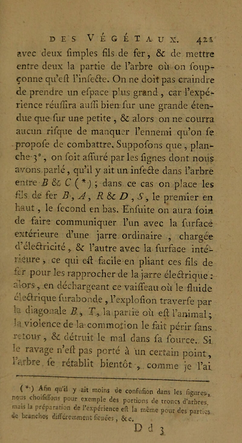 avec deux lîmples fils de fer, & de mettre entre deux la partie de l’arbre où on foupr çonne que fi: l’infe&e. On ne doit pas craindre de prendre un efpace plus grand , car l’expé- rience réufiîra aulîi bien fur une grande éten- due que fur une petite , &: alors on ne courra aucun rifque de manquer l’ennemi qu’on fe propofe de combattre. Suppofons que , plan- che^0 , on foit affuré par les lignes dont nous avons parlé, qu’il y ait un infeâe dans l’arbre entre B & C (*j ; dans ce cas on place les fils de fer B, A, R &c D , S, le premier en haut , le fécond en bas. Enfuite on aura foia de faire communiquer l’un avec la furface extérieure d’une jarre ordinaire , chargée d éleâricité , &: l’autre avec la furface inté- rieure , ce qui efi facile en pliant ces fils de fir pour les rapprocher de la jarre éle&rique : alors, en déchargeant ce vaifleau où le fluide c eclnque furaboncle , l’explofion traverfe par diagonale B. , T,, la partie où efi l’animal ; la violence de la commotion le fait périr fans retour, & détruit le mal dans fa lource. Si le ravage n’eft pas porté à un certain point, IVbre fe rétablit bientôt , comme je l’ai ( *•) Afin qu’il y ait moins de confufion dans les figures., nous choififfons pour exemple des portions de troncs d’arbres, mais la préparation de l’expérience efi la même pour des parties ue branches ditTércmmçnC fituées, &c D d 3