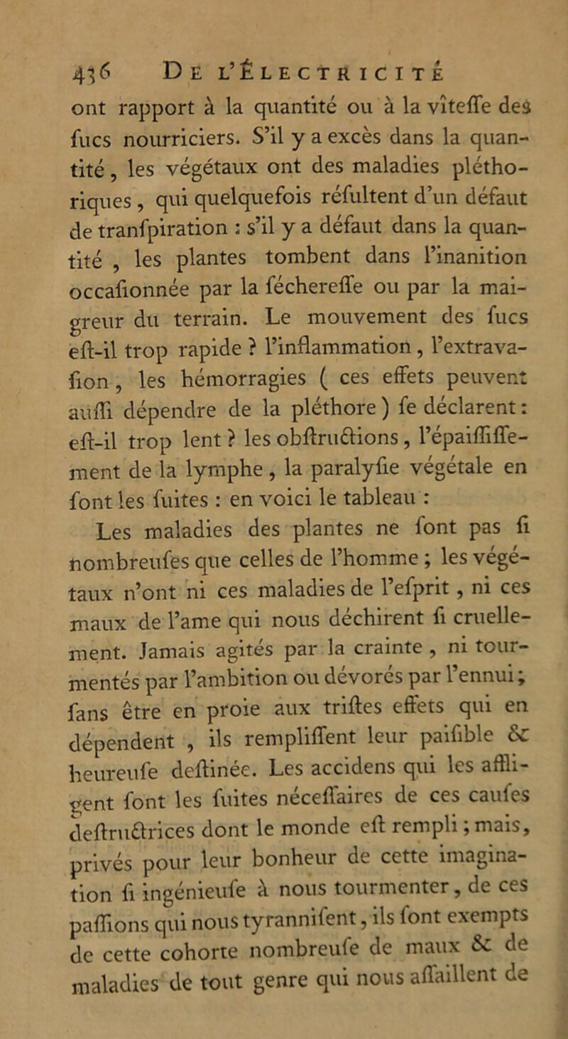 ont rapport à la quantité ou à la vîteffe des fucs nourriciers. S’il y a excès dans la quan- tité , les végétaux ont des maladies plétho- riques , qui quelquefois réfultent d’un défaut de tranfpiration : s’il y a défaut dans la quan- tité , les plantes tombent dans l’inanition occafionnée par la féchereffe ou par la mai- greur du terrain. Le mouvement des fucs eft-il trop rapide ? l’inflammation , l’extrava- fion, les hémorragies ( ces effets peuvent aufli dépendre de la pléthore ) fe déclarent : eff-il trop lent ? les obftru&ions , l’épaifliffe- ment de la lymphe, la paralyfie végétale en font les fuites : en voici le tableau : Les maladies des plantes ne font pas fl nombreufes que celles de l’homme ; les végé- taux n’ont ni ces maladies de l’efprit, ni ces maux de l’ame qui nous déchirent fi cruelle- ment. Jamais agités par la crainte , ni tour- mentés par l’ambition ou dévorés par l’ennui ; fans être en proie aux trilles effets qui en dépendent , ils rempliffent leur paifible & heureufe deffinée. Les accidens qui les affli- gent font les fuites néceflaires de ces caules deffruélrices dont le monde eff rempli ;mais, privés pour leur bonheur de cette imagina- tion fi ingénieufe à nous tourmenter, de ces pallions qui nous tyrannifent, ils font exempts de cette cohorte nombreufe de maux & de maladies de tout genre qui nous affaillent de