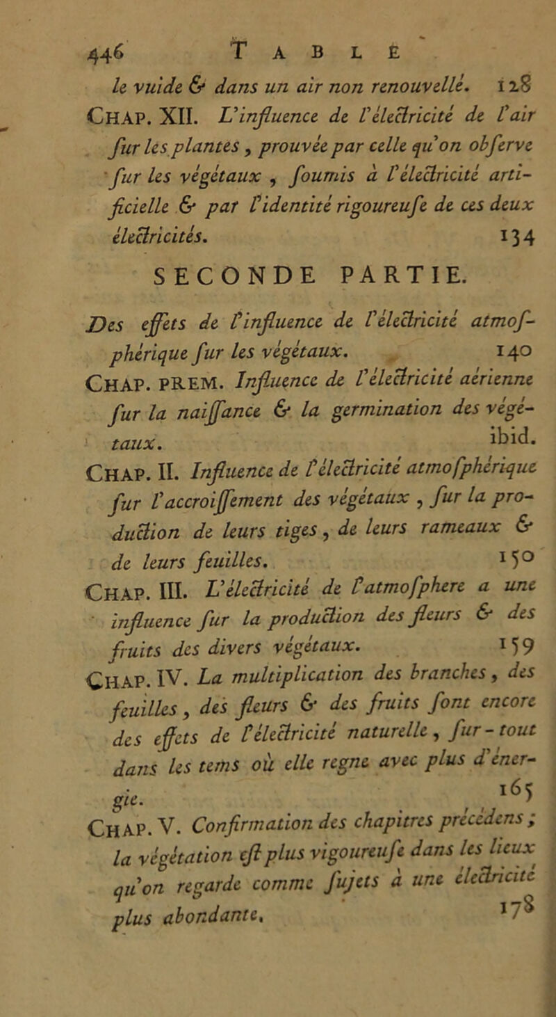 le vuide & dans un air non renouvelle, 118 CüAP. XII. L'influence de £électricité de l'air fur les plantes, prouvée par celle quon obferve fur les végétaux , fournis à l'électricité arti- ficielle & par l'identité rigoureufe de us deux électricités. 134 SECONDE PARTIE. Des effets de £influence de l'électricité atmof- phérique fur les végétaux. 140 CHAP. PREM. Influence de l'électricité aérienne fur la naiffance & la germination des végé- taux. ibid. CHAP. II. Influence de £ électricité atmofphérique fur £accroifement des végétaux , fur la pro- duction de leurs tiges, de leurs rameaux & de leurs feuilles. I5° CHAP. III. L'électricité de £atmofphere a une influence fur la production des fleurs & des fruits des divers végétaux. 1 5 9 CHAP. IV. La multiplication des branches, des feuilles, des fleurs & des fruits font encore des efets de £ électricité naturelle, fur - tout dans les tems où elle régné avec plus d'éner- gie. , , ,65 Ch AP. V. Confirmation des chapitres précédcns ; la végétation cft plus vigoureufe dans les lieux, qu'on regarde comme fujcts à une eleclnatc plus abondante, J7$