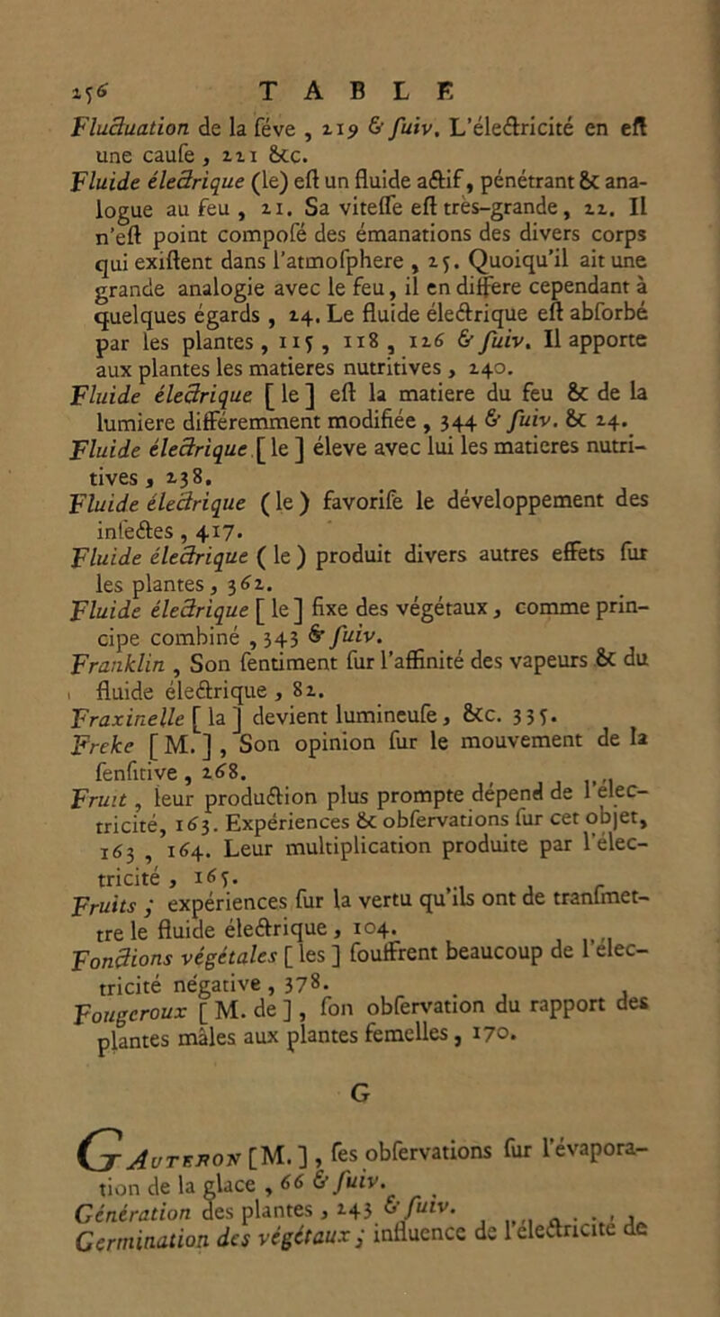 Fluctuation de la fève , 115» & fuiv. L’éleétricité en eft une caufe , zzi &cc. Fluide éleârique (le) eft un fluide aétif, pénétrant &C ana- logue au feu , zi. Sa viteffe eft tres-grande , zz. Il n’eft point compofé des émanations des divers corps quiexiftent dans l’atmofphere , zf. Quoiqu’il ait une grande analogie avec le feu, il en diffère cependant à quelques égards , Z4. Le fluide éleétrique eft abforbé par les plantes, 115, 118 , iz 6 & fuiv. Il apporte aux plantes les matières nutritives , Z40. Fluide électrique [ le ] eft la matière du feu Sc de la lumière différemment modifiée , 544 & fuiv. 6c Z4. Fluide électrique [ le ] éleve avec lui les matières nutri- tives j 138. Fluide électrique ( le ) favorife le développement des infeétes , 417. Fluide électrique ( le ) produit divers autres effets fur les plantes, 3^1. Fluide éleârique [ le ] fixe des végétaux , comme prin- cipe combiné , 343 & fuiv. Franklin , Son fentiment fur l’affinité des vapeurs 6c du 1 fluide é le étriqué , 8z. Fraxinelle [ la ] devient lumineufe, 6cc. 335. Freke [ M.1] , Son opinion fur le mouvement de la fenfitive , z68. Fruit , leur produétion plus prompte dépend de 1 élec- tricité, 163. Expériences 6c obfervations fur cet objet, 163 , 164. Leur multiplication produite par l'élec- tricité , 16 T- Fruits ; expériences fur la vertu qu ils ont de tranlmet- tre le fluide éleétrique , 104. Fondions végétales [ les ] fouffrent beaucoup de l'elec- tricité négative , 378. Fougcroux [ M. de ], fon obfervatxon du rapport des plantes mâles aux plantes femelles, 170. G G Avtt.xo» [M. ) , Tes obfervations fur l’évapora- tion de la glace , 66 & fuiv. Génération des plantes , 145 V fuiv. Germination des végétaux ; influence de 1 éledricite de