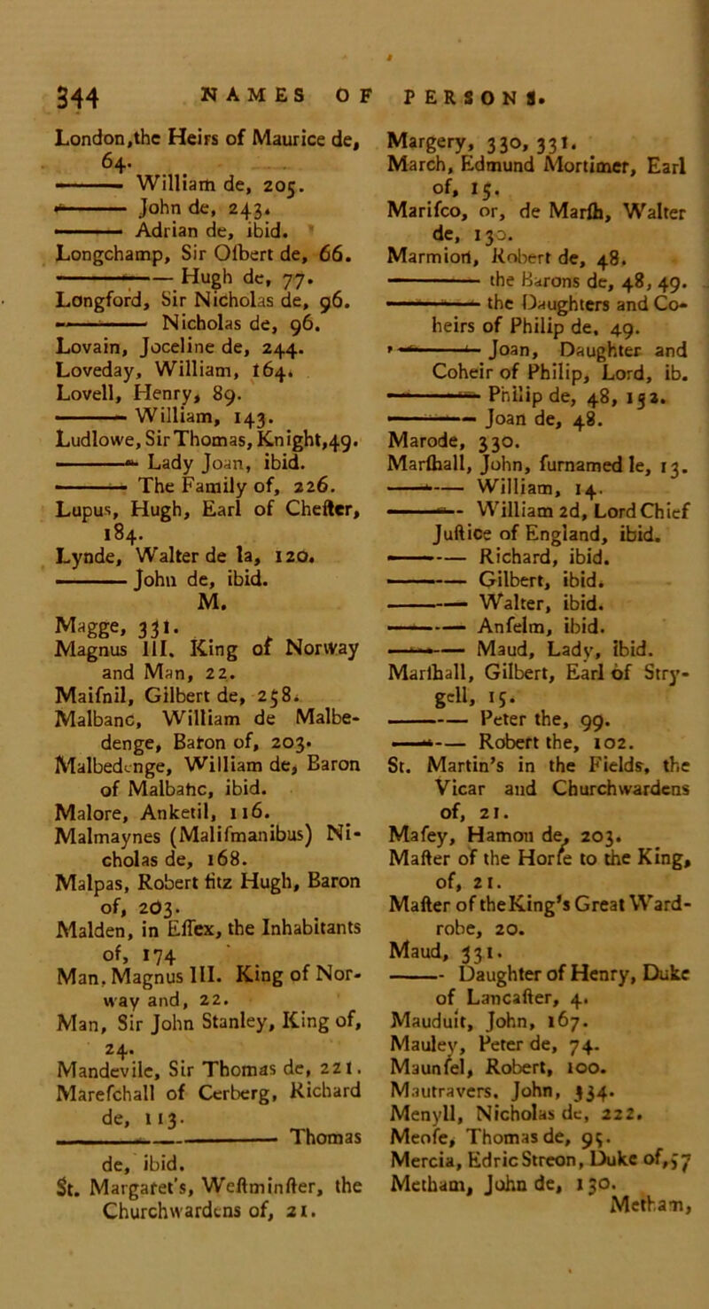 London,the Heirs of Maurice de, 64. William de, 205. * John de, 243, Adrian de, ibid. Longchamp, Sir Olbert de, 66. - Hugh de, 77. Longford, Sir Nicholas de, 96. Nicholas de, 96. Lovain, Joceline de, 244. Loveday, William, 164. Lovell, Henry, 89. William, 143. Ludlowe, Sir Thomas, Knight,49. Lady Joan, ibid. The Family of, 226. Lupus, Hugh, Earl of Chefter, 184. Lynde, Walter de la, 120. John de, ibid. M. Magge, 331. Magnus 111. King of Norway and Man, 22. Maifnil, Gilbert de, 238. Malbanc, William de Malbe- denge, Baton of, 203. Malbedcnge, William de, Baron of Malbahc, ibid. Malore, Anketil, 116. Malmaynes (Malifmanibus) Ni- cholas de, 168. Malpas, Robert titz Hugh, Baron of, 2O3. Malden, in ElTex, the Inhabitants of, 174 ' Man. Magnus 111. King of Nor- way and, 22. Man, Sir John Stanley, King of, 24. Mandevile, Sir Thomas de, 2Zt. Marefchall of Ccrberg, Richard de, 113. - Thomas de, ibid. St. Margaret’s, Weftminfter, the Churchwardens of, 21. Margery. 33®, 33 *• March, Edmund Mortimer, Earl of, 15, Marifco, or, de Marfh, Walter de, 130. Marmiori, Robert de, 48. the Barons de, 48, 49. - — ■ 1 the Daughters and Co- heirs of Philip de, 49. 1 Joan, Daughter and Coheir of Philip, Lord, ib. —*■ • •i Philip de, 48, 153. — ■ — ■ — Joan de, 48. Marode, 330. Marlhall, John, furnamed le, 13. — William, 14. ■■ ■ - William 2d, Lord Chief Juftice of England, ibid. ——— Richard, ibid. — Gilbert, ibid. Walter, ibid. — Anfelm, ibid. ■■■ — Maud, Lady, ibid. Marlhall, Gilbert, Earl of Stry- geU, 15. Peter the, 99. ——*— Robert the, 102. St. Martin’s in the Fields, the Vicar and Churchwardens of, 21. Mafey, Hamon de, 203. Mafter of the Horfe to the King, of, 21. Mafter of theKing’s Great Ward- robe, 20. Maud, 331. Daughter of Henry, Duke of Lancafter, 4. Mauduit, John, 167. Mauley, Peter de, 74. Maunfel, Robert, too. Mautravers. John, 334. Menyll, Nicholas dc, 222. Meofe, Thomas de, 95. Mercia, EdricStrcon, Duke of,3y Metkam, John de, 130. Metham,
