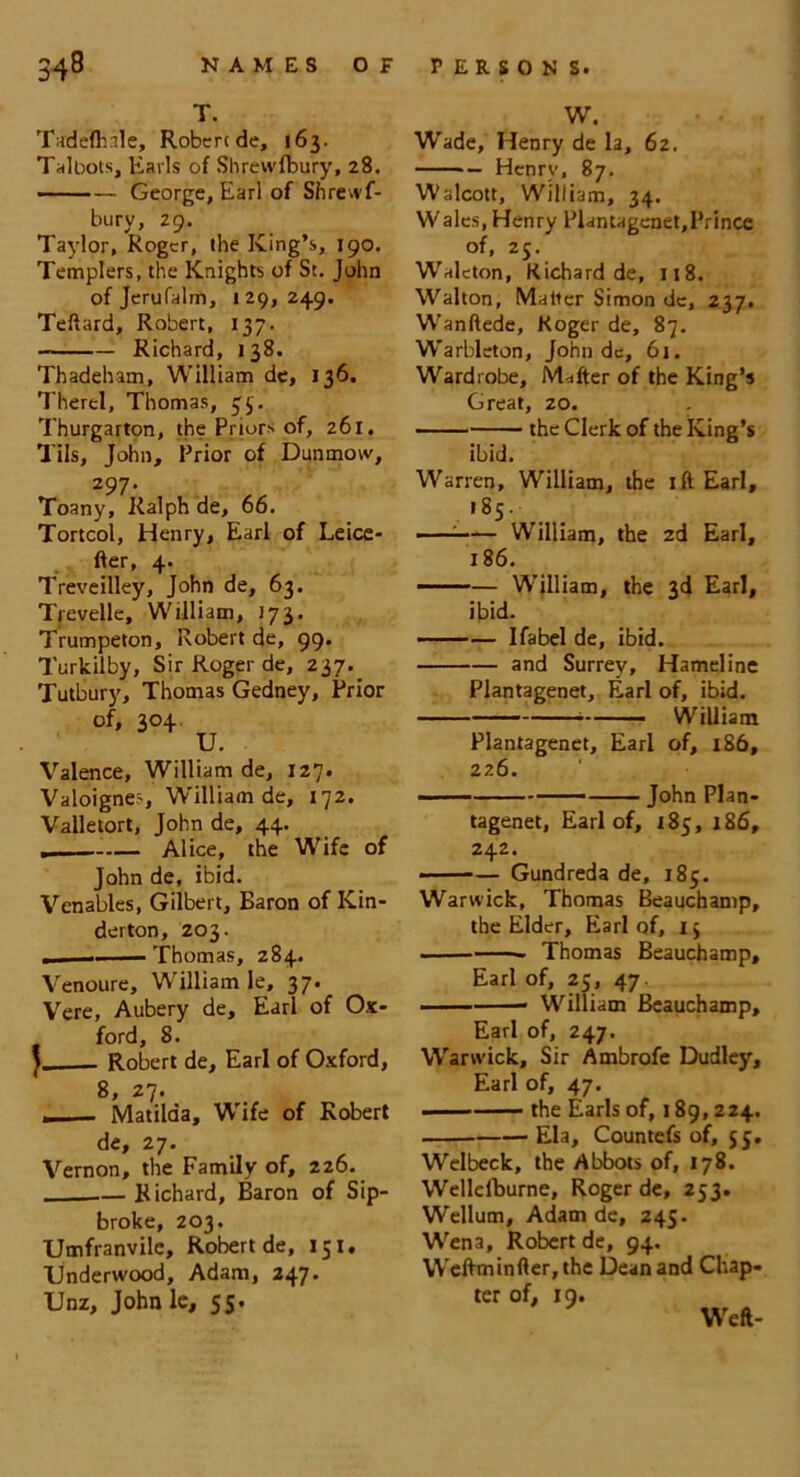 T. TadeUnle, Robert de, 163. Talbots, Earls of Shrew (bury, 28. — ■ ■— George, Earl of Shrewf- bury, 29. Taylor, Roger, the King’s, 190. Templers, the Knights of St. John of Jerufalm, 129, 249. Teftard, Robert, 137. Richard, 138. Thadeham, William de, 136. Therel, Thomas, 35. Thurgarton, the Priors of, 261. Tils, John, Prior of Dunmow, 297. Toany, Ralph de, 66. Tortcol, Henry, Earl of Leice- (ter, 4. Treveilley, John de, 63. Trevelle, William, 173. Trumpeton, Robert de, 99. Turkilby, Sir Roger de, 237.. Tutbury, Thomas Gedney, Prior of, 304 Valence, William de, 127. Valoignes, William de, 172. Valletort, John de, 44. . Alice, the Wife of John de, ibid. Venables, Gilbert, Baron of Kin- derton, 203. .. . Thomas, 284. Venoure, William le, 37. Vere, Aubery de, Earl of Ox- ford, 8. Robert de, Earl of Oxford, 8 > # _ Matilda, Wife of Robert de, 27. Vernon, the Family of, 226. — Richard, Baron of Sip- broke, 203. Umfranvile, Robert de, 151. Underwood, Adam, 247. Unz, John le, 55. W. Wade, Henry de la, 62. Henry, 87. Walcott, William, 34. Wales, Henry Plantagenet,Prince of, 25. Walcton, Richard de, 118. Walton, Matter Simon de, 237. Wanftede, Roger de, 87. W'arbleton, John dc, 61. Wardrobe, Matter of the King’s Great, 20. the Clerk of the King’s ibid. Warren, William, the 1 ft Earl, i85‘ ; William, the 2d Earl, 186. William, the 3d Earl, ibid. Ifabel de, ibid. and Surrey, Hameline Plantagenet, Earl of, ibid. William Plantagenet, Earl of, 186, 226. John Plan- tagenet, Earl of, 185, 186, 242. - —— Gundreda de, 185. Warwick, Thomas Beauchamp, the Elder, Earl of, 15 Thomas Beauchamp, Earl of, 25, 47. William Beauchamp, Earl of, 247. Warwick, Sir Ambrofe Dudley, Earl of, 47. ■ the Earls of, 189,224. Ela, Countefs of, 55. Welbeck, the Abbots of, 178. Wellelburne, Roger de, 253. Wellum, Adam de, 245. Wena, Robert de, 94. Weftminfter,the Dean and Chap- ter of, 19. Weft-