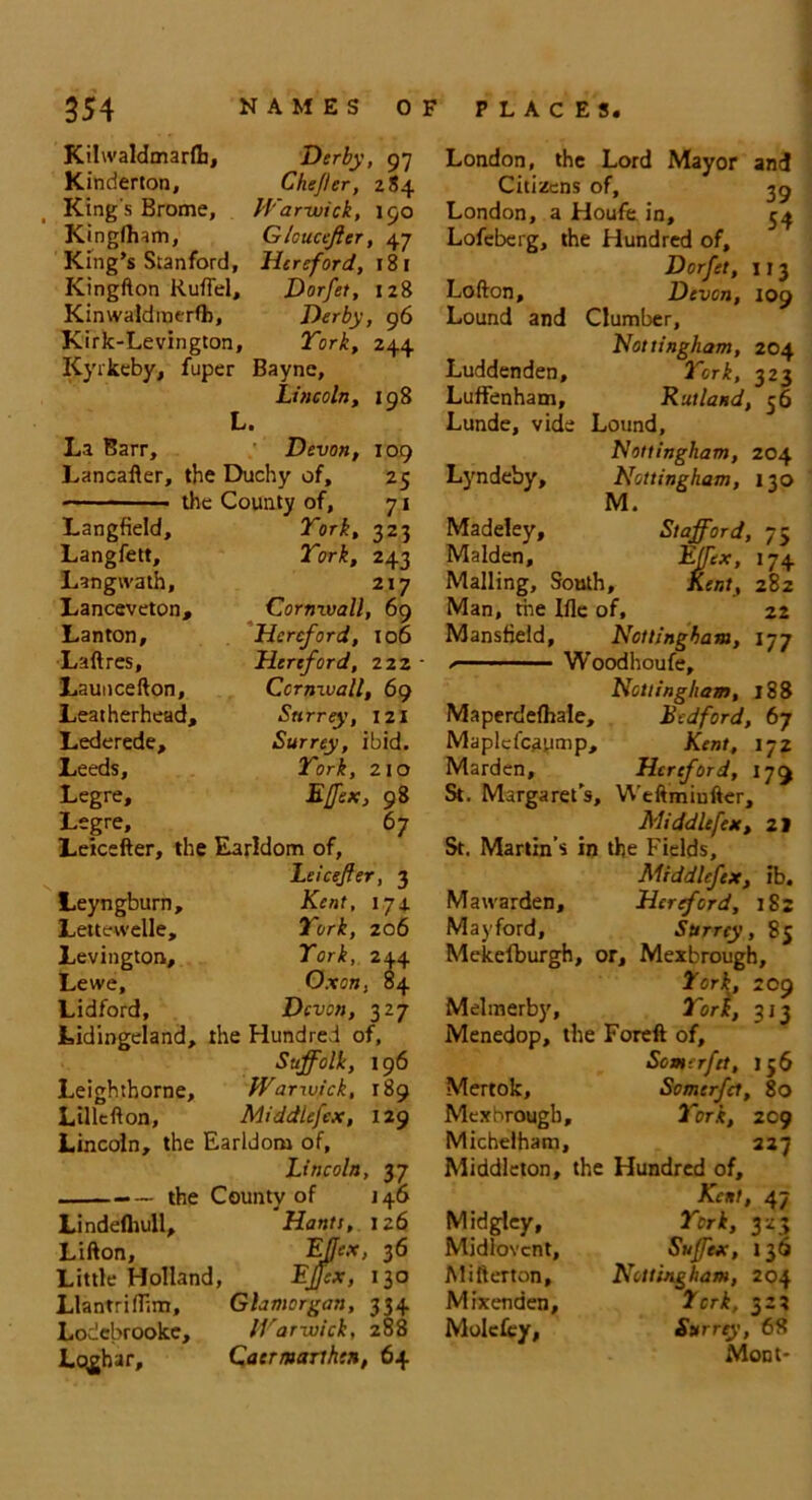Kilwaldmarflb, Kinderton, King's Brome, Kinglham, King’s Stanford, Kingfton Ruffel, Kinwaldmerfb, Kirk-Levington, Kyrkeby, fuper Bayne, Lincoln, 198 La La Barr, Devon, 109 Lancafler, the Duchy of, 25 tile County of, 71 Derby, 97 Chejtcr, 284 Ifarwick, 190 Gloucefter, 47 Hereford, 18 I Dorfet, 128 Derby, 96 244 Langfield, Langfett, Langivath, Lanceveton, Lanton, Laftres, Launcefton, Leatherhead, Lederede, Leeds, Legre, Legre, York, 323 York, 243 „ 2,7 Cornxvall, 69 Hereford, 106 Hertford, 222 Cornwall, 69 Surrey, 121 Surrey, ibid. York, 210 98 67 Leicefter, the Earldom of, Leicejfer, 3 Leyngburn, Kent, 174 Lettevvelle, York, 206 Levington, York, 244 Lewe, O.xon, 84 Lidford, Devon, 327 Lidingeland, the Hundred of. Leighthorne, Warwick, 189 Mertok, Lillefton, Middlefex, 129 Mexbrough, Lincoln, the Earldom of, Michelham, Lincoln, 37 Middleton, the Countv of 146 Lindeflmll, Hants, 126 Midgley, Lifton, Effex, 36 Midlovcnt, Little Holland, EJJcx, 130 Mifterton, Llantrifllm, Glamorgan, 334 Mixenden, Lodcbrooke, Warwick, 288 Molcfisy, Lqghar, Qaermarthen, 64 London, the Lord Mayor and Citizens of, 39 London, a Houfe in, 54 Lofcberg, the Hundred of, Dorfet, 113 Lofton, Devon, 109 Lound and Clumber, Nottingham, 204 Luddenden, York, 323 Luffenham, Rutland, 56 Lunde, vide Lound, Nottingham, 204 Lyndeby, Nottingham, 130 M. Madeley, Stafford, 75 Malden, Ejfex, 174 Mailing, South, Kent, 282 Man, the Ifle of, 22 Mansfield, Nottingham, 177 Woodhoufe, Nottingham, 188 Maperdefhale, Bedford, 67 Maplcfcaump, Kent, 172 Marden, Hereford, 17^ St. Margarets, Weftmiufter, Middlcftx, 21 St. Martin s in the Fields, Middleftx, ib. Maivarden, Hereford, 182 Mayford, Surrey, 85 Mekefburgh, or, Mexbrough, York, 209 Melmerby, York, 313 Menedop, the Foreft of, Somerfet, 156 Somerfct, 80 York, 209 227 Hundred of, Kent, 47 York, 323 Suffex, 136 Nottingham, 204 York, 522 Surrey, 68 Mont*
