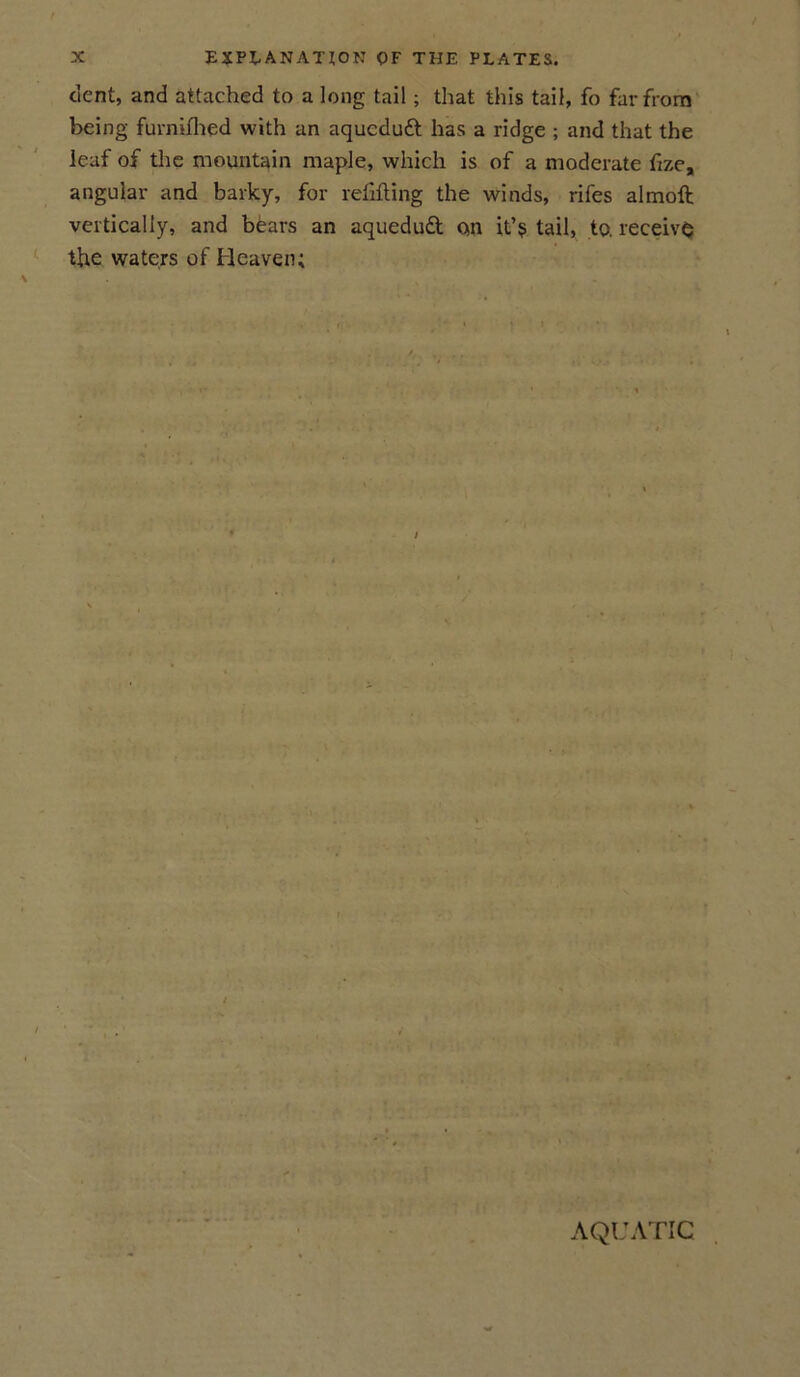 cient, and attached to a long tail; that this tail, fo far from being furnifhed with an aqucduft has a ridge ; and that the leaf of the mountain maple, which is of a moderate fize, angular and barky, for refilling the winds, rifes almoft vertically, and bears an aquedud on it’? tail, to. receive the waters of Heaven; l AQUATIC