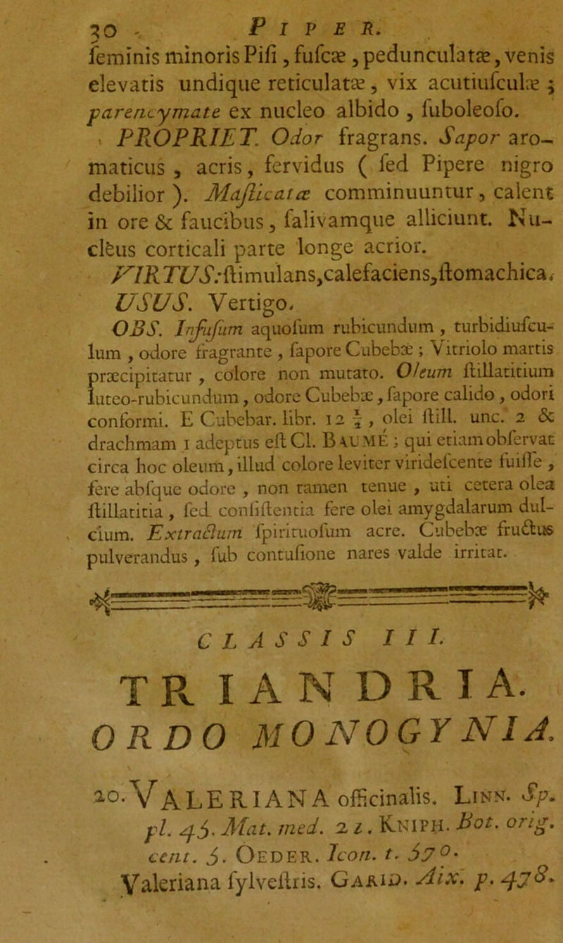 feminis minoris Pifi, fufcse ,pedunculat£e, venis elevatis undique reticulata;, vix acutiufculae ; parencymate ex nucleo albido , luboleofo. > PROPRIET. Odor fragrans. Sapor aro- maticus , acris, fervidus ( fed Pipere nigro debilior). Mdjlicaue comminuuntur, calent in ore &amp; faucibus, falivamque alliciunt. Nu- cleus corticali parte longe acrior. /^/#r^V*{Hmulans,calefaciens,ibomachica, USUS. Vertigo. OBS. Infufum aquofum rubicundum, turbidiufcu- lum , odore fragrante , fapore Cubebse ; Vitriolo martis praecipitatur , colore non mutato. Oleum ilillatitium luteo-rubicundum, odore Cubebte, fapore calido, odori conformi. E Cubcbar. libr. 12 \ , olei ftill. unc. 2 &amp; drachmam 1 adeptus eftCl. B AUME; qui etiam obfervat circa hoc oleum, illud colore leviter viridefcente fuifle , Iere abfque odore , non tamen tenue , uti cetera olea llillatitia , fed confidentia fere olei amygdalarum dul- cium. Extraftuin lpirituofum acre. Cubebce fruftus pulverandus, fub contufione nares valde irritat. CLASSIS III. T Pv IANDRIA. ORDO M0N0GYN1A. 20- V A L E RIA N A officinalis. Linn. Sp. pl. 4.5. Alat. med. 2,1. K.N1PH. Bot. orig. ccnt. J. Oeder. Icon. t. 6? °- Valeriana fylveftris. Gari^- Aix. p. ^38,