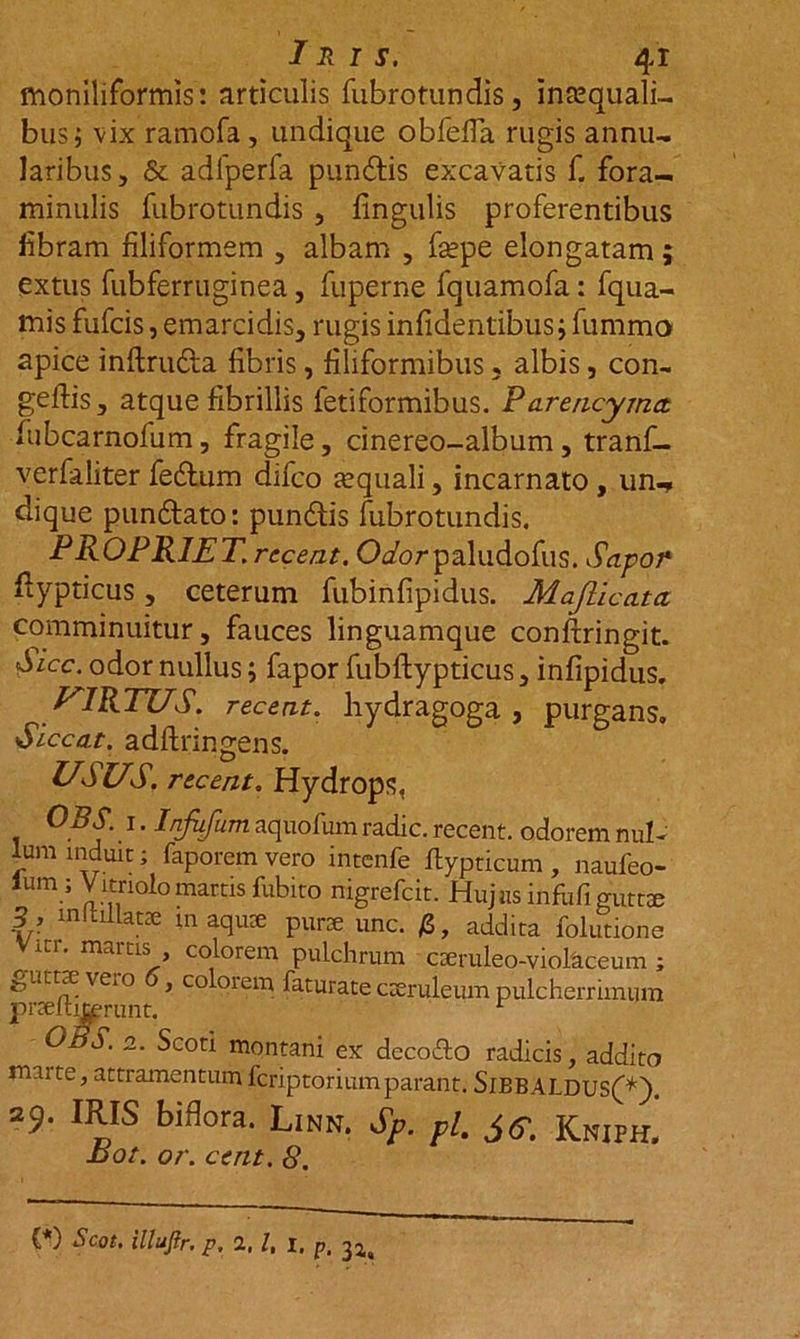 moniliformis: articulis fubrotundis, inaequali- bus; vix ramofa, undique obfefia rugis annu- laribus, &amp; adlperfa punitis excavatis f. fora- minulis fubrotundis , lingulis proferentibus libram filiformem , albam , fsepe elongatam extus fubferruginea, fuperne fquamofa: fqua- mis fufcis, emarcidis, rugis infidentibus j fummo apice inftruita fibris, filiformibus, albis, con- gefiis, atque fibrillis fetiformibus. Pare/icyma fubcarnofum, fragile, cinereo-album, tranf- verfaliter fedtum difco tequali, incarnato , un^ dique punitato: punitis fubrotundis. PROPR1ET. rcceat. Odorpaludofus. Sapor fiypticus, ceterum fubinfipidus. Maflicata comminuitur, fauces linguamque conftringit. Sicc. odor nullus; fapor fubftypticus, infipidus. UIRTUS. recent. hydragoga , purgans. Siccat, adftringens. USUS. recent, Hydrops, OBS. 1. Injufum aquofum radie, recent. odorem nul- lum induit; faporem vero intenfe fiypticum , naufeo- lum ; Vitriolomartis fubito nigrefeit. Hujus infufi guttae | , mltillatae m aquae purae unc. 0, addita folutione VxD. martis , colorem pulchrum aeruleo-violaceum ; ^..ctae veiO , colorem faturate caeruleum pulcherrimum prseltmprunt. r OBS. 2. Scoti montani ex decofto radicis, addito mai te, attramentum feriptorium parant. SiBBALDUSf*). 29. IRIS biflora. Linn. Sp. pl. j<f. Kwph. not. or. cent. 8. (*) Scot. illufir. p. 2.1, i. p, 3^ U»