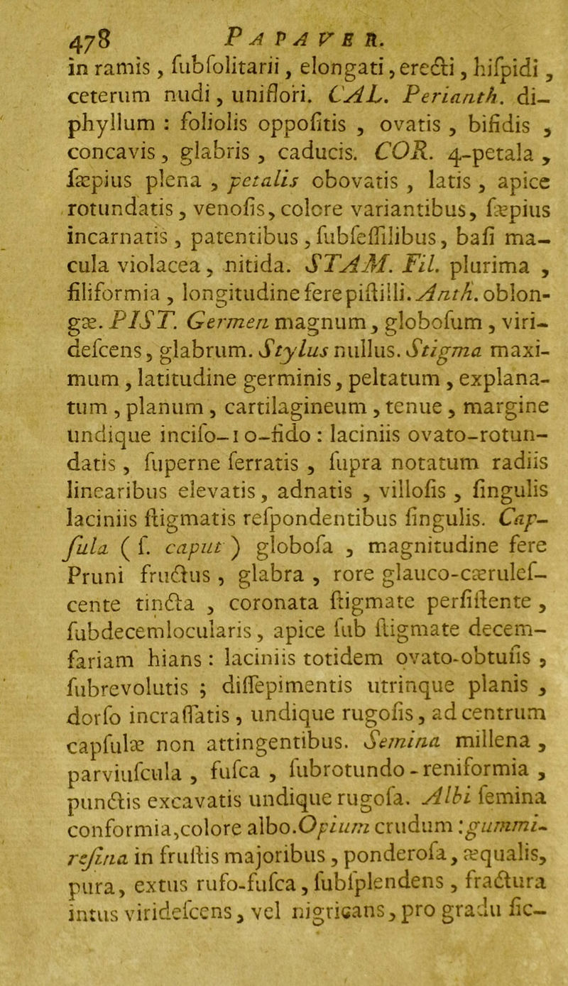 in ramis, fubfolitarii, elongati, erecti, hifpidi, ceterum nudi, uniflori. CAL. Perianth. di- phyllum : foliolis oppofitis , ovatis, bifidis , concavis, glabris, caducis. COR. 4-petala , fspius plena , petalis obovatis , latis, apice rotundatis, venofis, colore variantibus, faspius incarnatis, patentibus, fubfefTilibus, bafi ma- cula violacea, nitida. STA AI. Fil. plurima , filiformia , longitudine fere piftiili. Antii, oblon- gas. P1ST. Germen magnum, globofum , viri- defeens, glabrum. Stylus nullus. Stigma maxi- mum , latitudine germinis, peltatum , explana- tum , planum , cartilagineum , tenue, margine undique incifo-i o-fido : laciniis ovato-rotun- datis, fuperne ferratis , fupra notatum radiis linearibus elevatis, adnatis , villofis , fingulis laciniis digmatis refpondentibus fingulis. Cap- fiila ( f. caput ) globofa , magnitudine fere Pruni fru&us , glabra , rore glauco-caerulef- cente tinfta , coronata ftigmate perfiifente , fubdecemlocularis , apice fub ftigmate decem- fariam hians: laciniis totidem ovato-obtufis , fubrevolutis ; diffepimentis utrinque planis , dorfo incra (fatis, undique rugofis, ad centrum capfulse non attingentibus. Semina millena , parviufcula , fufea , fubrotundo- reniformia , pundlis excavatis undique rugofa, Albi femina conformia,colore albo .Opium crudum \gummu rejina in frudis majoribus, ponderola, a?qualis, pura, extus rufo-fufea, lublplendens, fradtura intus viridefeens, vel nigricans,pro gradu fic-