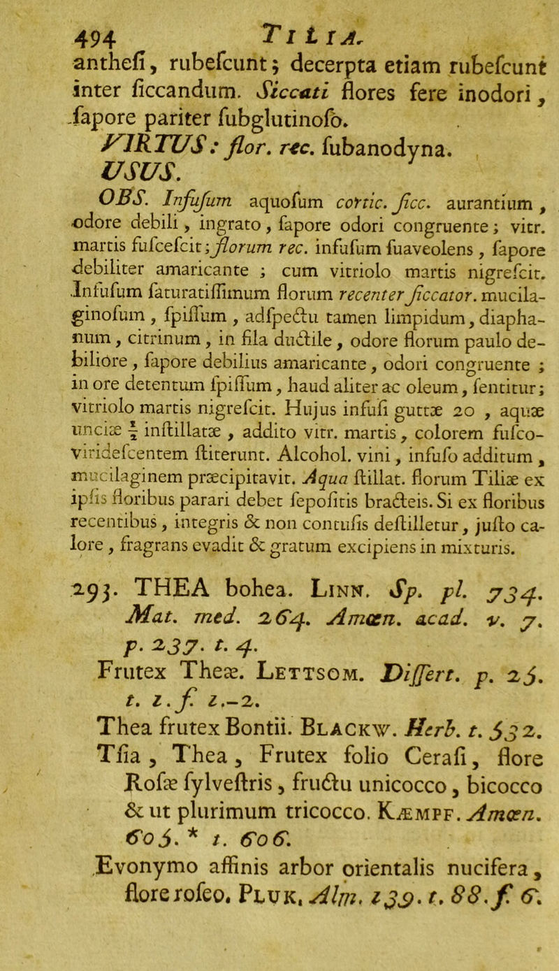 anthefi, rubefcunt; decerpta etiam rubefcunt inter ficcandum. Siccati flores fere inodori, Fapore pariter fubglutinofo. VIRTUS: flor. rtc. fubanodyna. USUS. OBS. Infufum aquofum coftic.flcc. aurantium , odore debili, ingrato, fapore odori congruente; vitr. martis fulcefcit; florum rec. infufum fuaveolens, fapore ■debiliter amaricante ; cum vitriolo martis nigrefcit. Iniufum faturatilfimum florum recenterflccator. mucila- ginofum , fpiflum , adfpeftu tamen limpidum, diapha- iium, citrinum, in fila duiflile, odore florum paulo de- biliore , fapore debilius amaricante, odori congruente ; in ore detentum fpifliim, haud aliter ac oleum, fentitur; vitriolo martis nigrefcit. Hujus infufi guttae 20 , aquae unciae \ inftillatoe , addito vitr. martis, colorem fufco- Viridefcentem ftiterunt. Alcohol, vini, infufo additum , mucilaginem praecipitavit. Aqua ftillat. florum Tiliae ex ipfis floribus parari debet fepofitis brableis. Si ex floribus recentibus, integris & non contufis deflilletur, juflo ca- lore , fragrans evadit & gratum excipiens in mixturis. 2.93. THEA bohea. Linn. Sp. pl. yj^.. Mat. mtd. 26'^j.. Amcen. ac ad. v. y. p. 2$y. t. ^, Frutex Theas. Lettsom. Differt, p. 2,5. t. i.f. i,-2. Thea frutex Bontii. Blackw. Htrb. t. 532. Tfia , Thea, Frutex folio Cerafi, flore Rofe fylveftris, fru&u unicocco, bicocco &ut plurimum tricocco. KjEmpf. Amcen. 6oj. * /. GoS. Evonymo affinis arbor orientalis nucifera , flore rofeo, Pluk. Alm. i3s>-1- 88. f