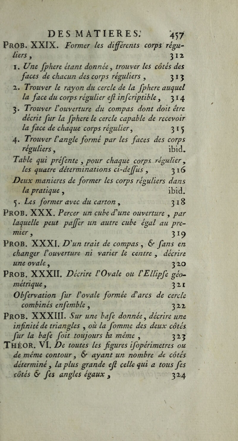 DE Prob. XXIX. Tiers , S MATIERES: 457 Former les différents corps rêgu- 312 1. £7/22 fphere étant donnée, trouver les cotés des faces de chacun des corps réguliers 9 313 2. Trouver le rayon du cercle de la fphere auquel la face du corps régulier ef infcriptihle y 314 3. Trouver Vouverture du compas dont doit être décrit fur la fphere le cercle capable de recevoir la face de chaque corps régulier ? 315 4. Trouver l'angle formé par les faces des corps réguliers, ibid. Table qui préfente , pour chaque corps régulier, les quatre déterminations ci-deJfus , 316 Deux maniérés de former les corps réguliers dans la pratique, ibid. 5. Les former avec du carton , 318 PROB. XXX. Percer un cube d'une ouverture , par laquelle peut paffer un autre cube égal au pre- mier , 319 PROB. XXXI. D'un trait de compas , & fans en changer l'ouverture ni varier le centre y décrire une ovale, 320 Prob. XXXII, Décrire l'Ovale ou l'Ellipfe géo- métrique y 321 Obfervation fur l'ovale formée d'arcs de cercle combinés enfemble , 322 Prob. XXXIII. Sur une bafe donnée, décrire une infinité de triangles , ou la fomme des deux côtés fur la bafe foie toujours lu même , 323; ThéOR. VI. De toutes les figures ifopêrimetres ou de même contour y & ayant un nombre de côtés déterminé 9 la plus grande ejl celle qui a tous fes côtés & fes angles égaux y 324