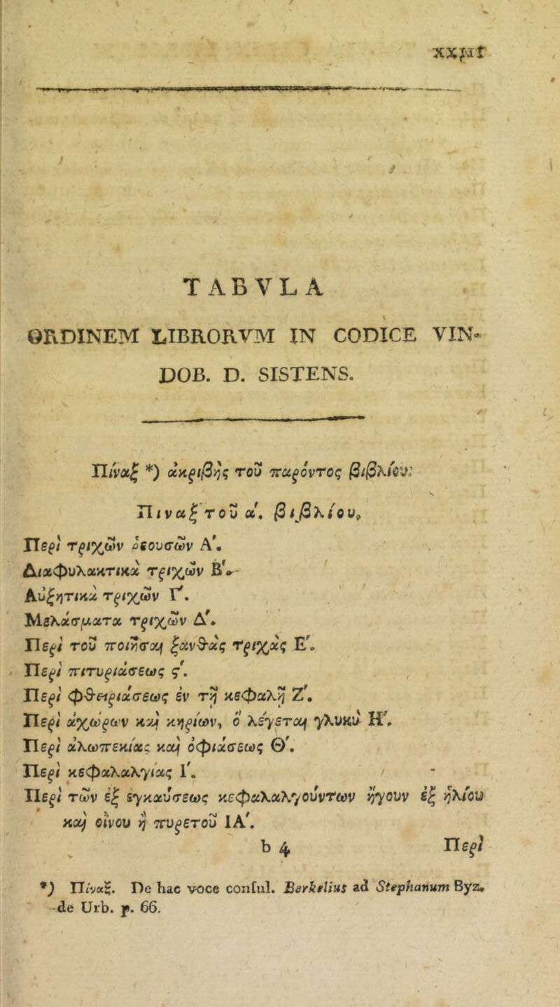 1 f 'r ς i t- * TABVLA \ ORDINEIvr LIBRORVM IN CODICE VIN- DOB. D. SISTENS. n/vae^ *) χκξίβης τοίϊ τταξόντος βιβλ^ΰ'J: ΙΙιναζ του ct, β ίβκ{ ο Tle^t Τξίχΰν βίουσων Α', Δ/ιχφυλακτιΚΛ τ^ιχ,ων BV- ' ^υζητίϋχ Τξίγων Τ. ' ' 'MeKxTy-tx.Toc Τξίχων Πε^/' Tci/ TTO/^ffaif |αν·9·«ς ’^ξίχ^ζ Ε^» Πε^'/ τΓίτυ^/ασεως , ΤΙεξί φΒ·εΐξ(χσεως εν κεφαλή Τ!, Πε^/ χχώξ(χ'ν KyJf κ>)^/ων, ο λεγ^τα^ 7^UKU Η'. Πε^/ αλωττεκ/α; κα^ οφ/άσεως Θ\ ΙΙε^/ κεφ»λχλ·γι'χς Γ. / ΤΙε^ί των έ| ε^καιίτεως κεφ«λαλ7®^^ντ’ων ^7®^'' >?λ<οΐί xcy οίνου η τνυ^ετου 1Α^ b 4 Πε^; Πί'ναξ. De hac voce conful. Berkelius ai Stephanum Byz, -de Uib. p. 66.